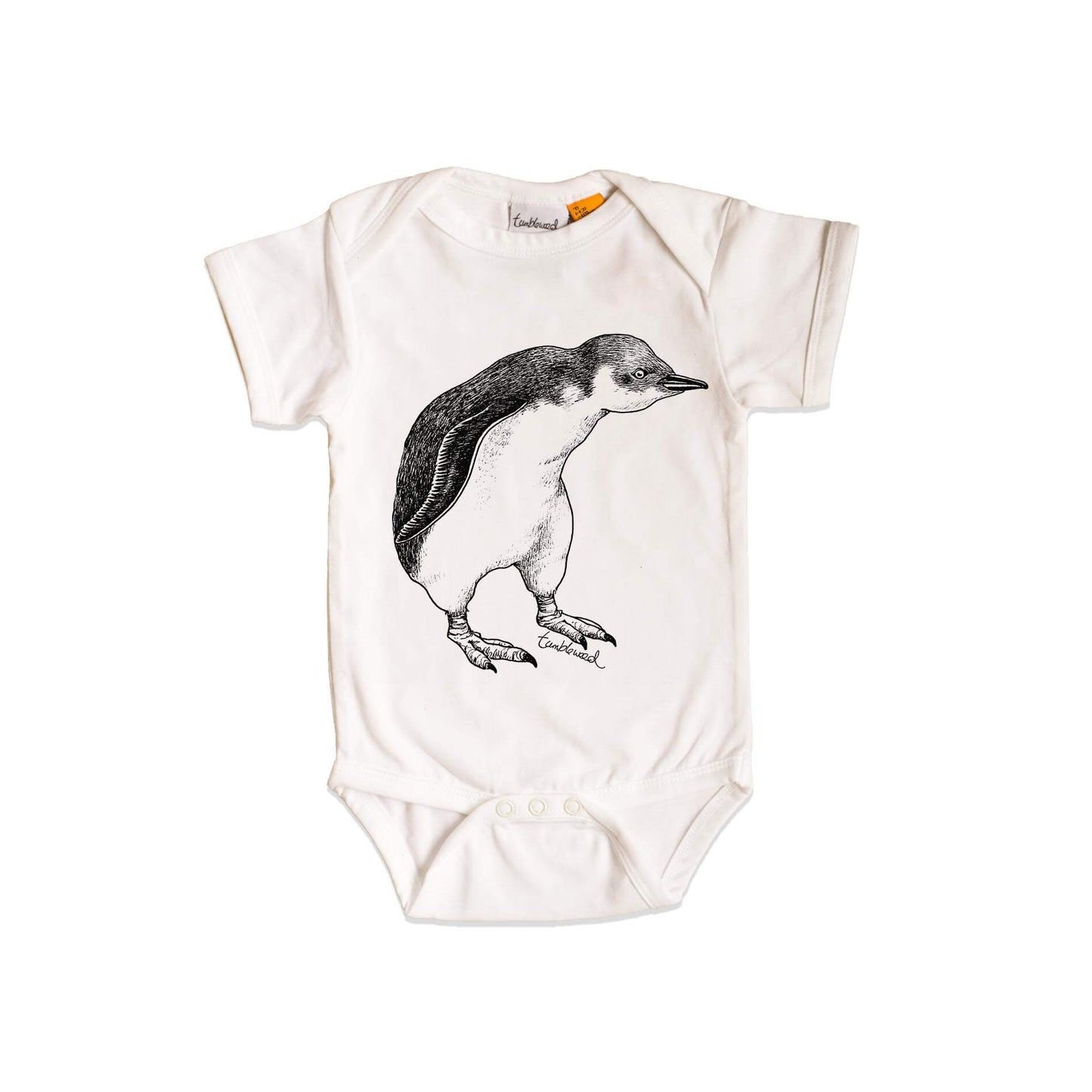 Short sleeved, white, organic cotton, baby onesie featuring a screen printed Little Blue Penguin design.