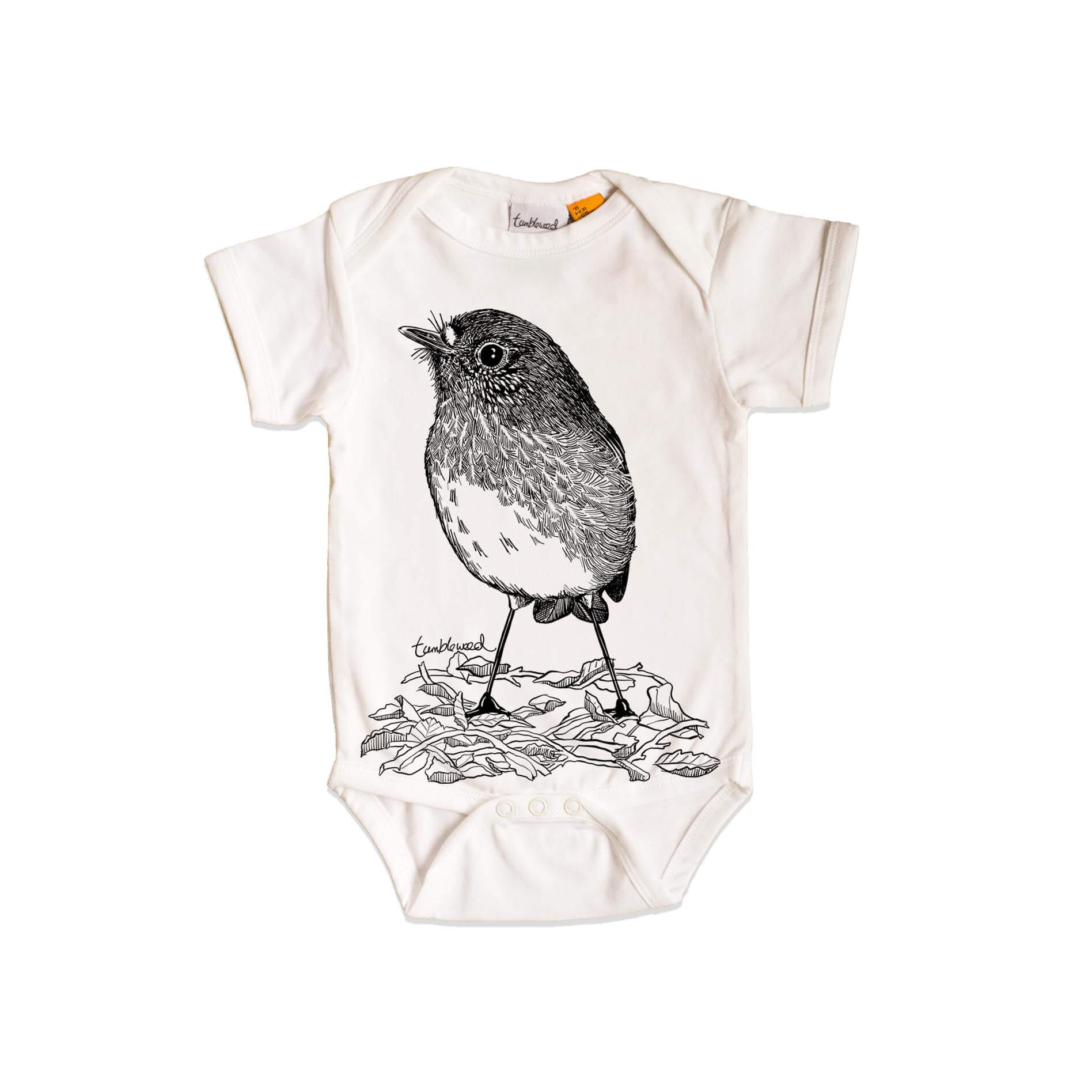 Short sleeved, white, organic cotton, baby onesie featuring a screen printed North Island Robin design.