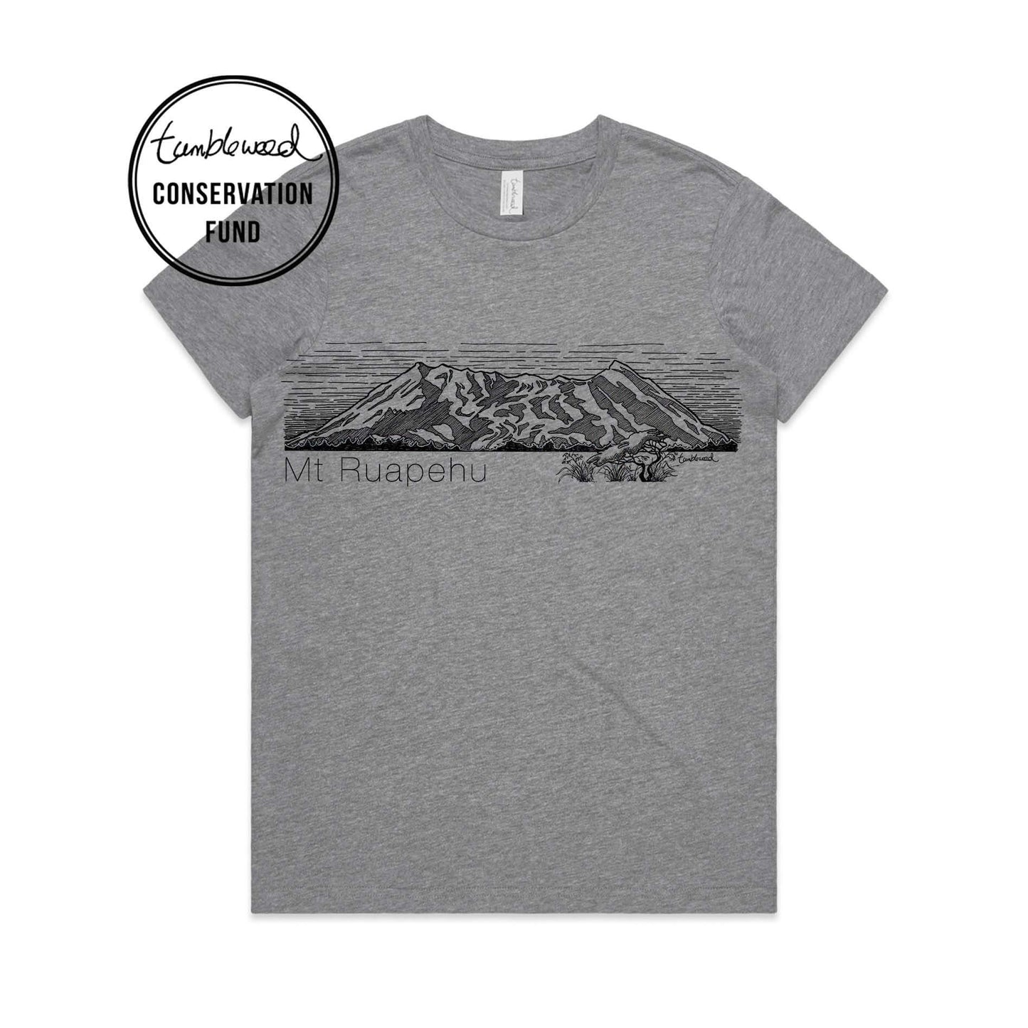 Grey, male t-shirt featuring a screen printed Mt Ruapehu design.