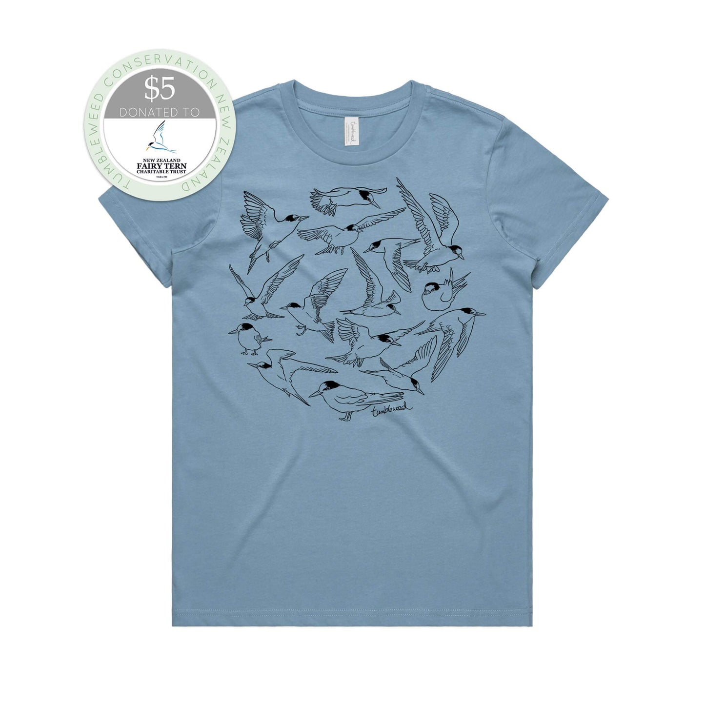 Sage, female t-shirt featuring a screen printed fairy tern/tara iti design.