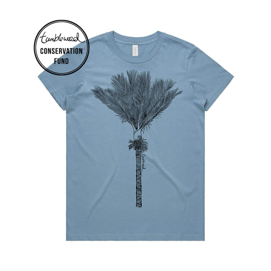 Mustard, female t-shirt featuring a screen printed Nīkau design.