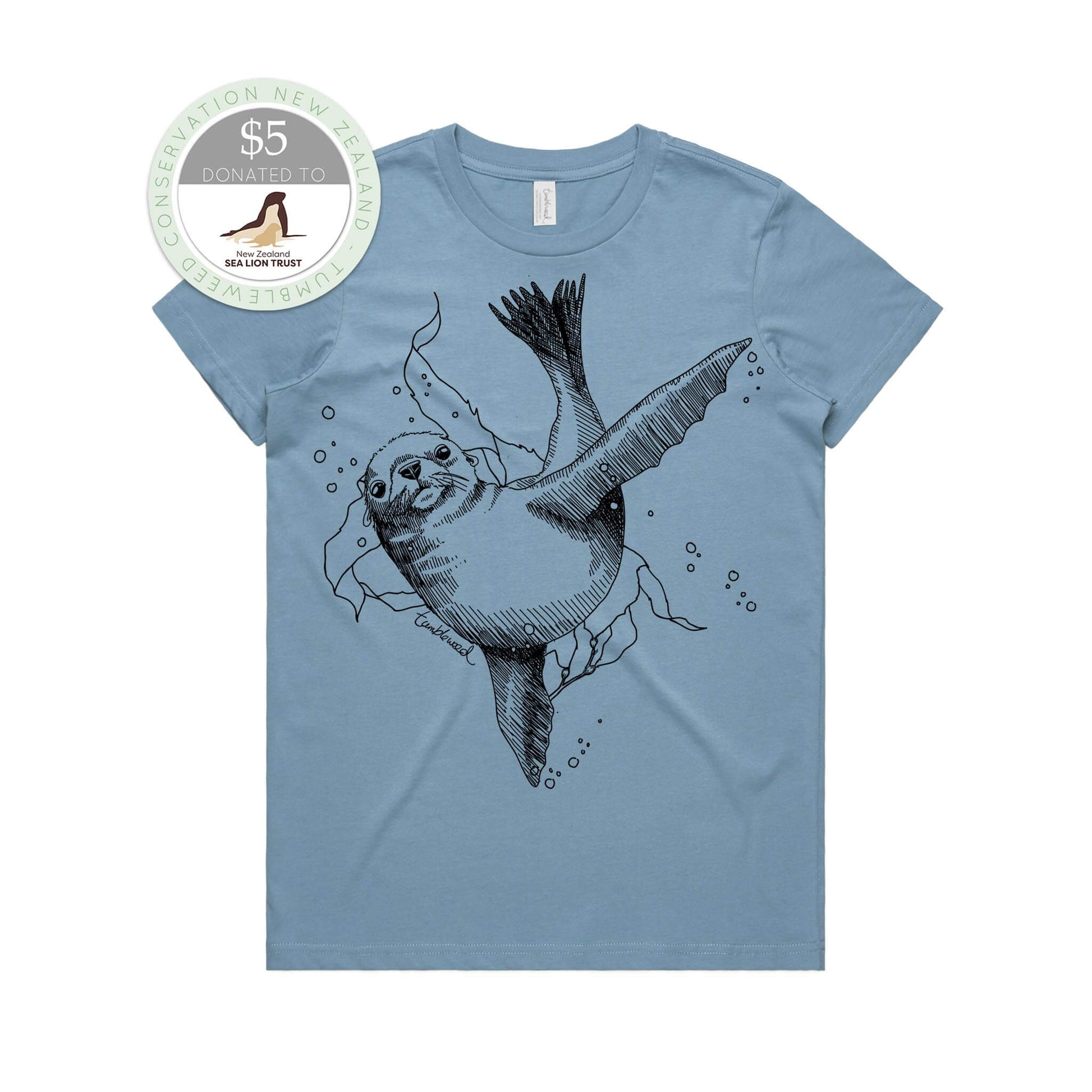 Charcoal, female t-shirt featuring a screen printed New Zealand sea lion design.