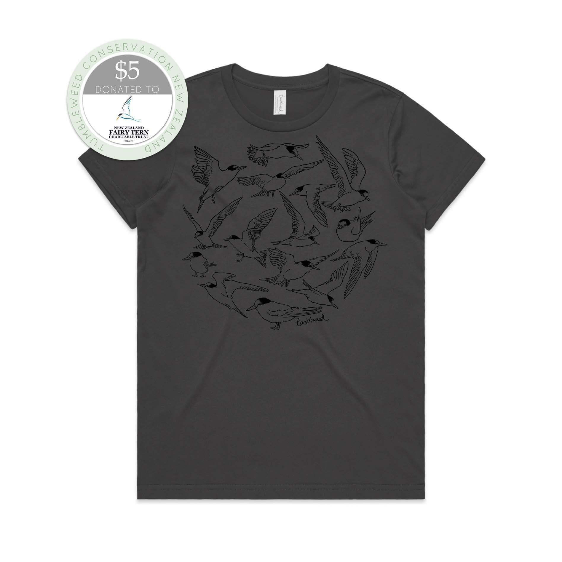 Charcoal, female t-shirt featuring a screen printed fairy tern/tara iti design.