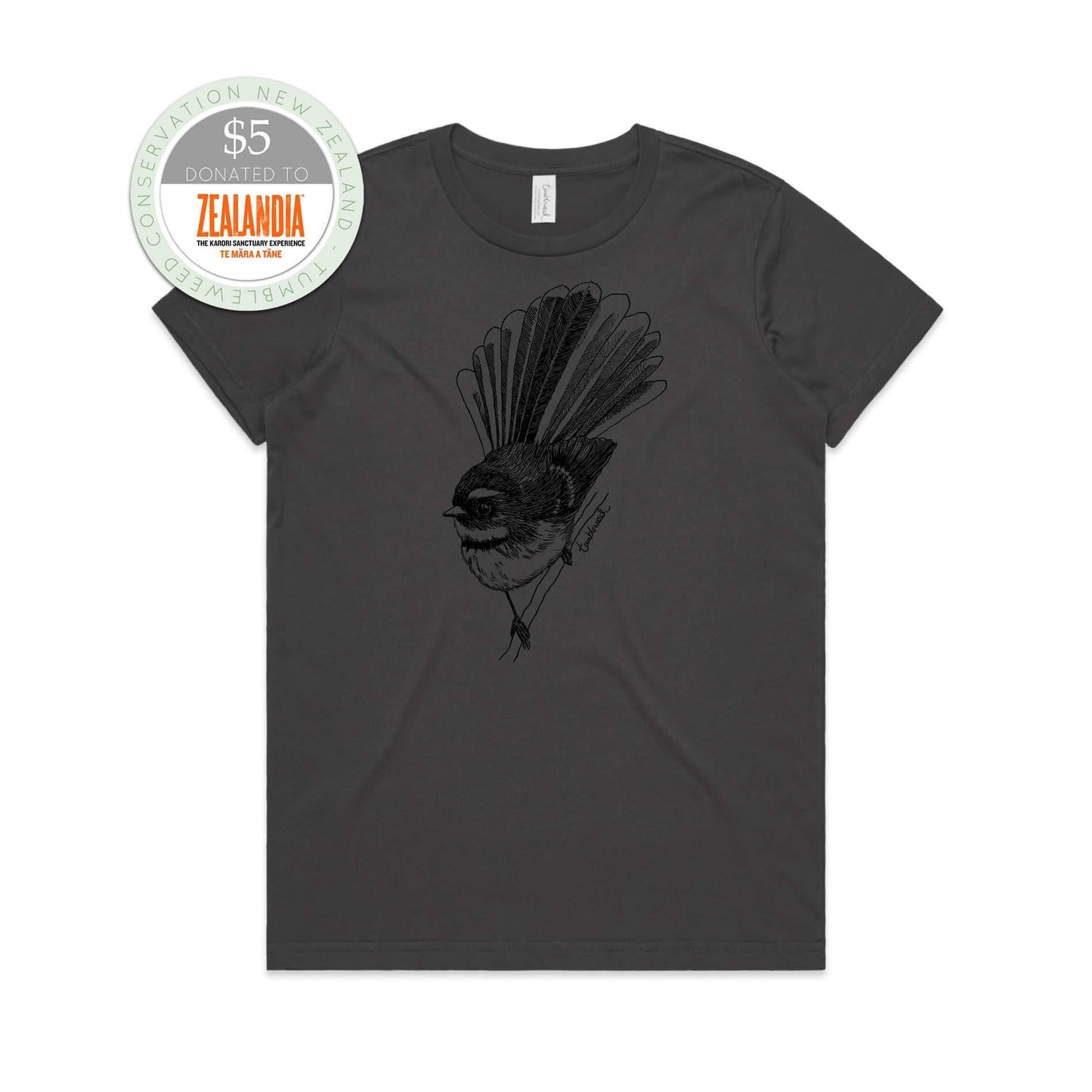 Charcoal, female t-shirt featuring a screen printed Fantail/Pīwakawaka design.