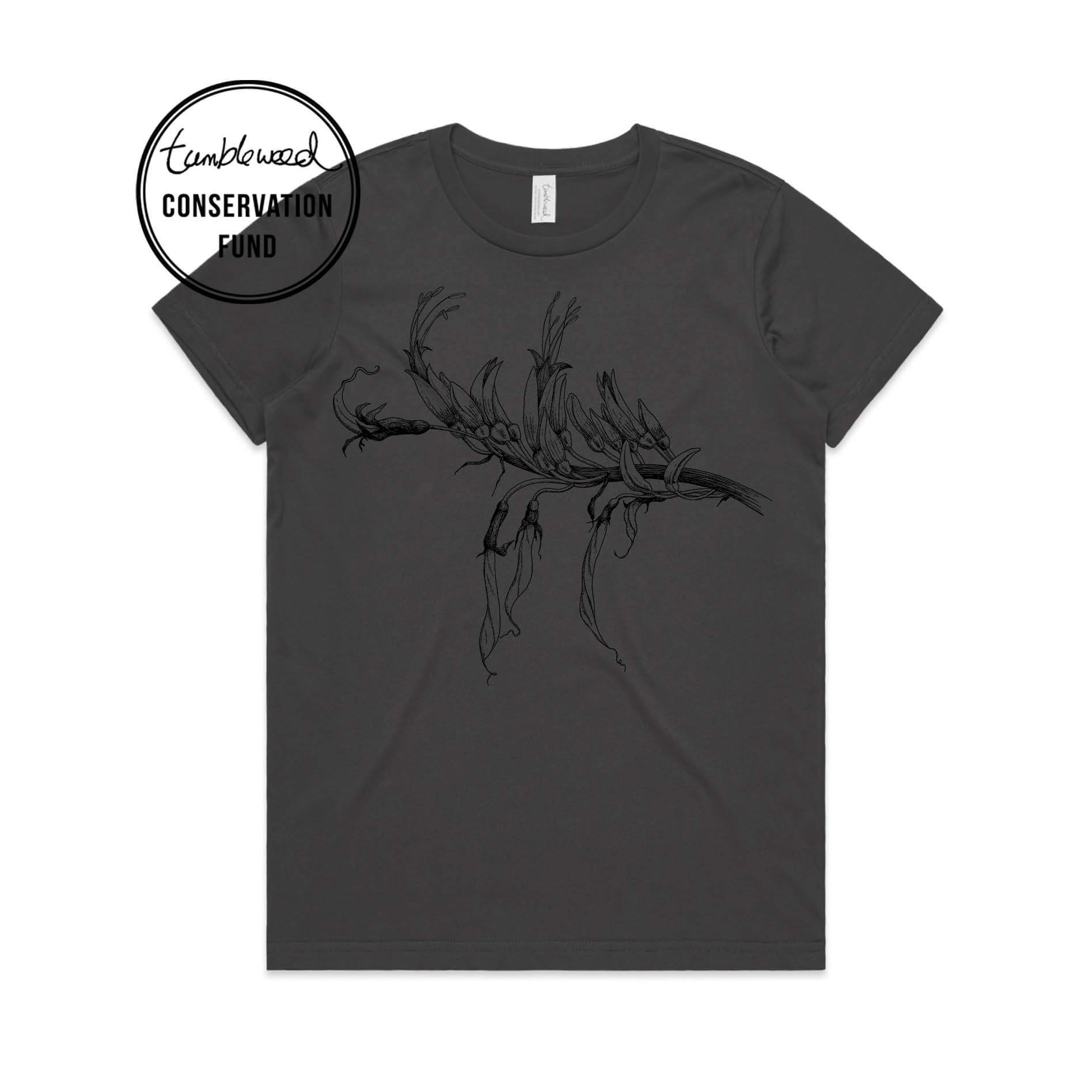 Charcoal, female t-shirt featuring a screen printed Mountain Flax design.