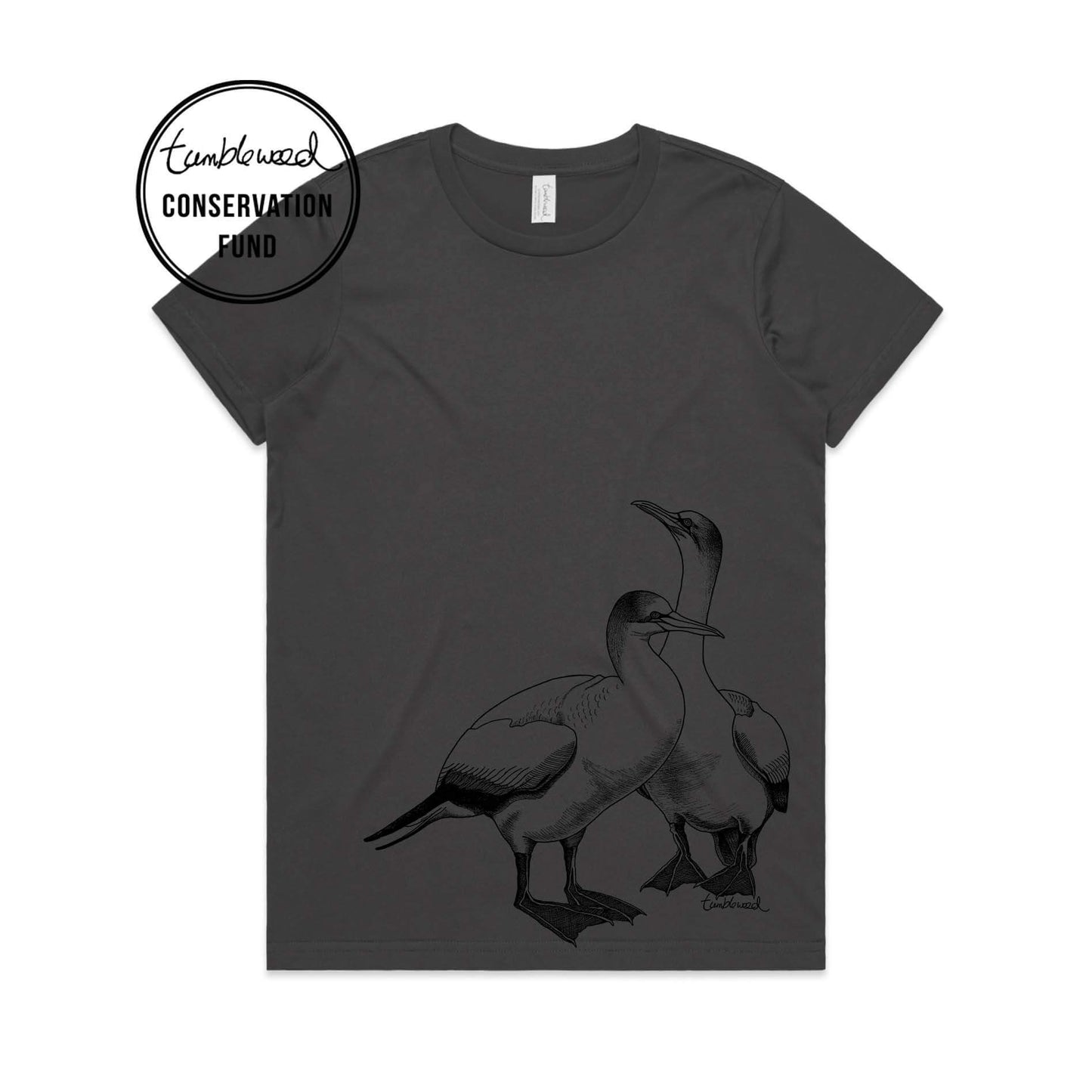Charcoal, female t-shirt featuring a screen printed gannet design.