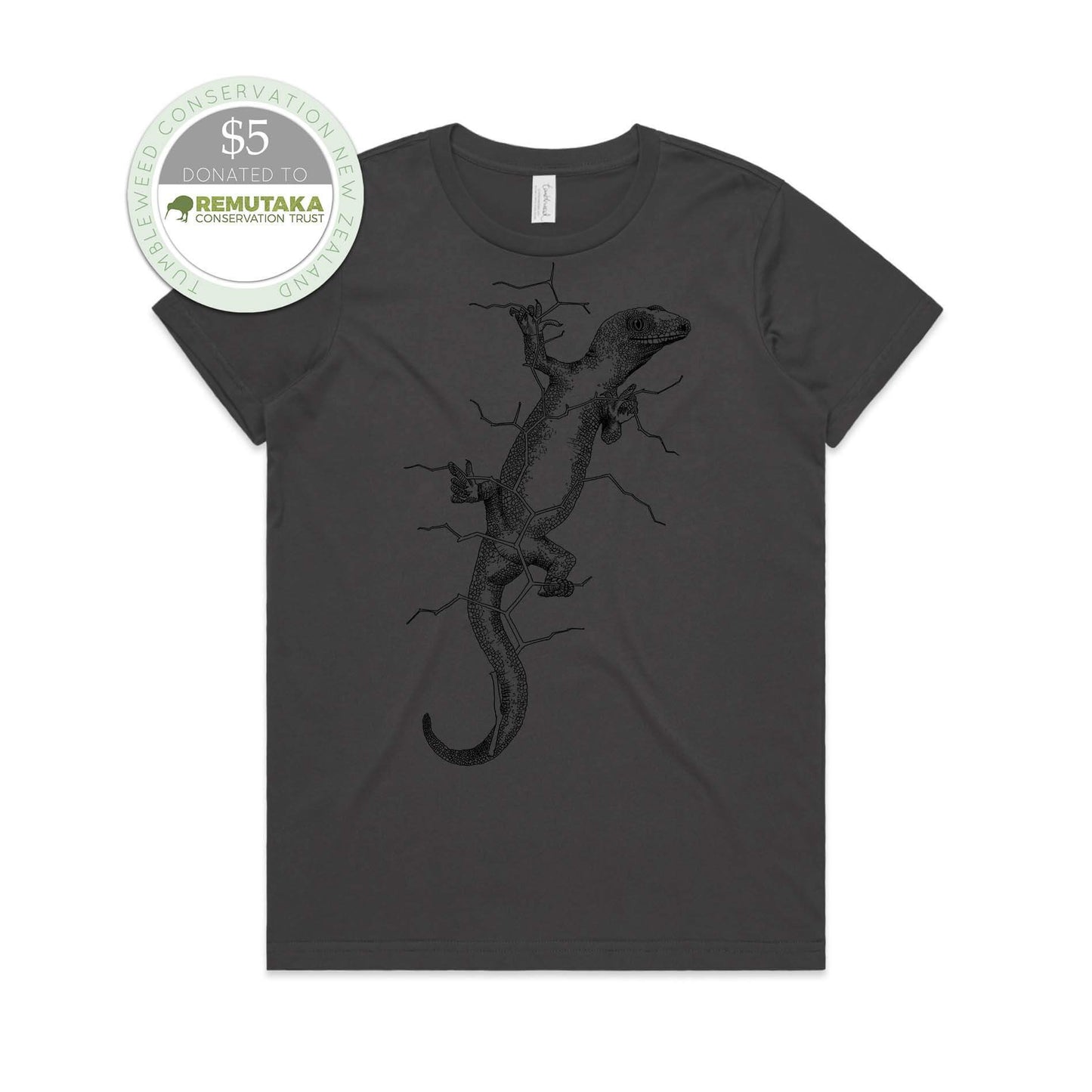 Charcoal, female t-shirt featuring a screen printed gecko design.