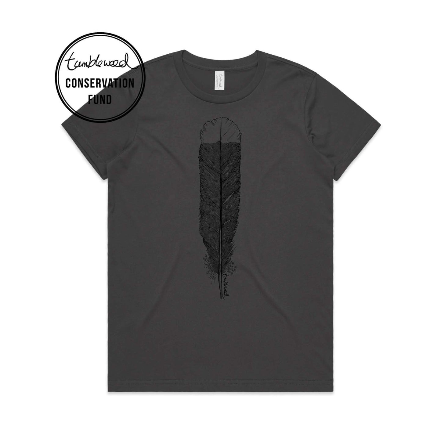 Charcoal, female t-shirt featuring a screen printed huia feather design.