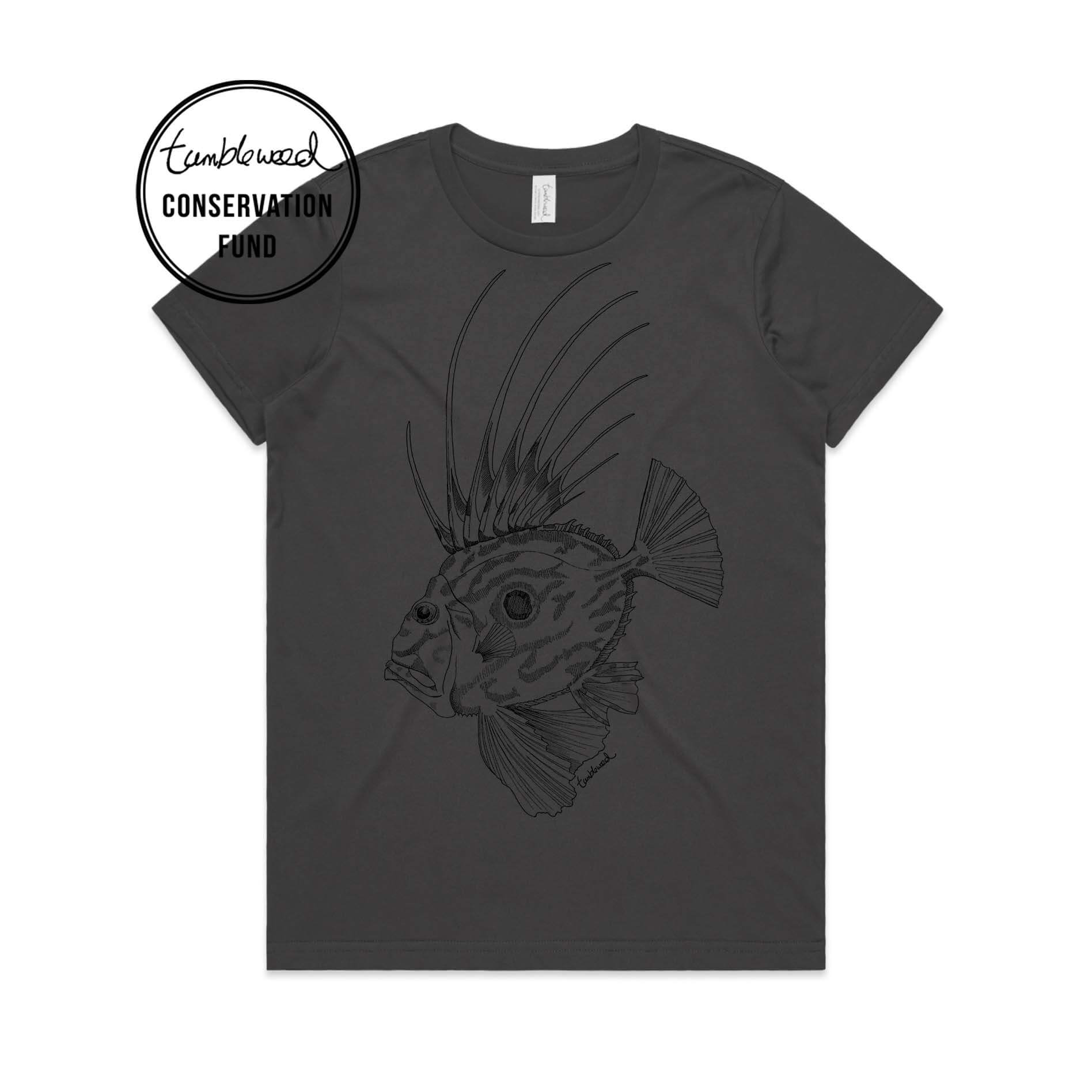 Charcoal, female t-shirt featuring a screen printed john dory design.