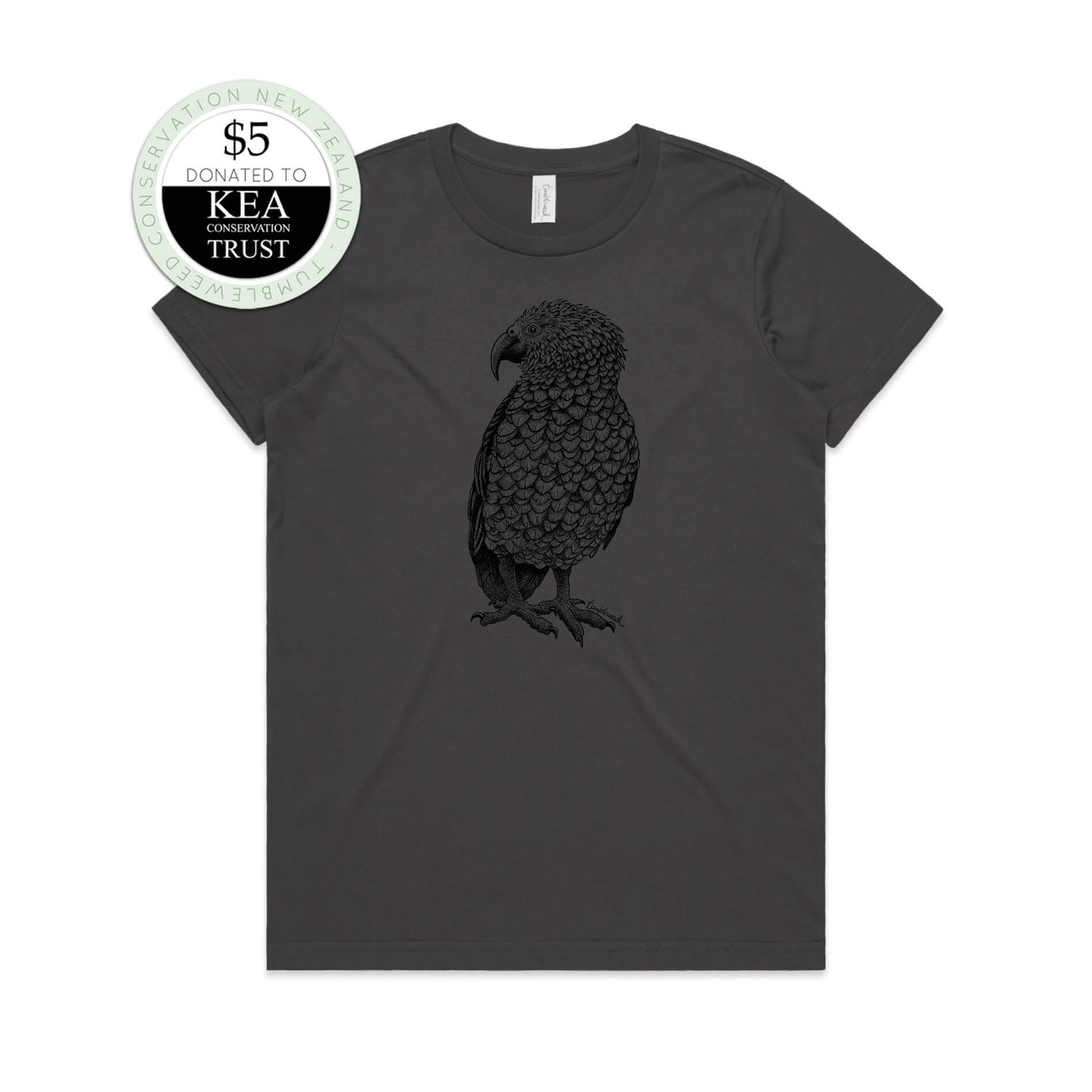 Charcoal, female t-shirt featuring a screen printed kea design.