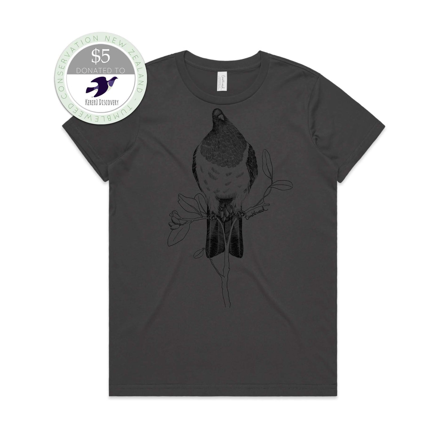 Charcoal, female t-shirt featuring a screen printed kereru design.