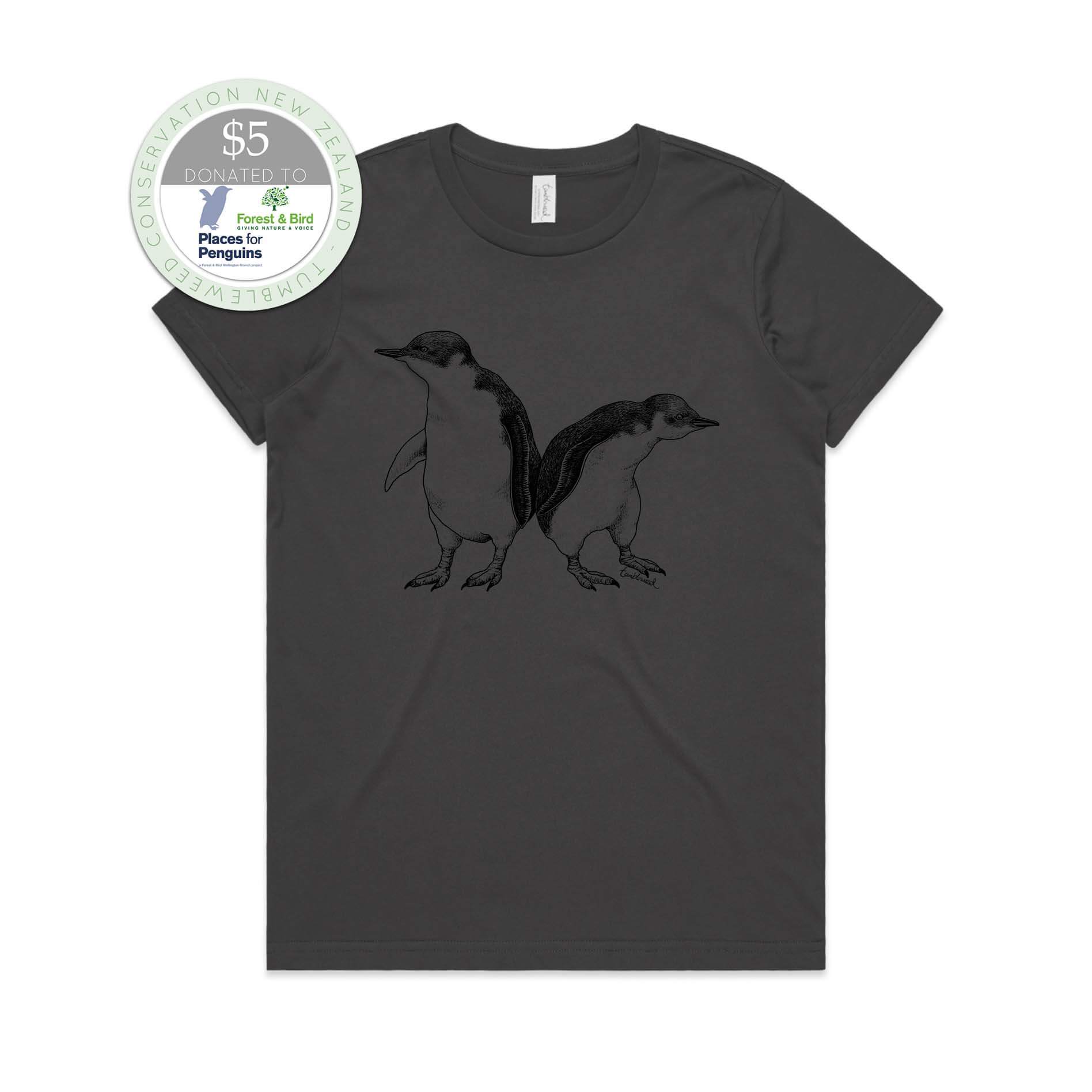 Charcoal, female t-shirt featuring a screen printed Little Blue Penguin design.