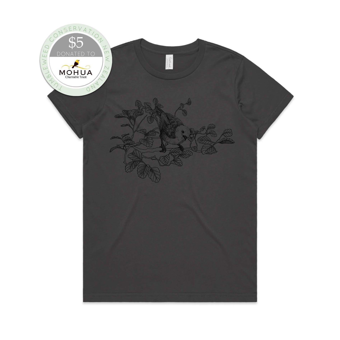 Charcoal, female t-shirt featuring a screen printed Mōhua/Yellowhead design.