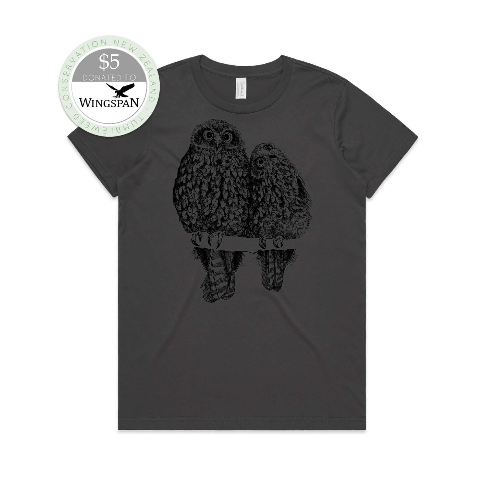Charcoal, female t-shirt featuring a screen printed Morepork/Ruru design.