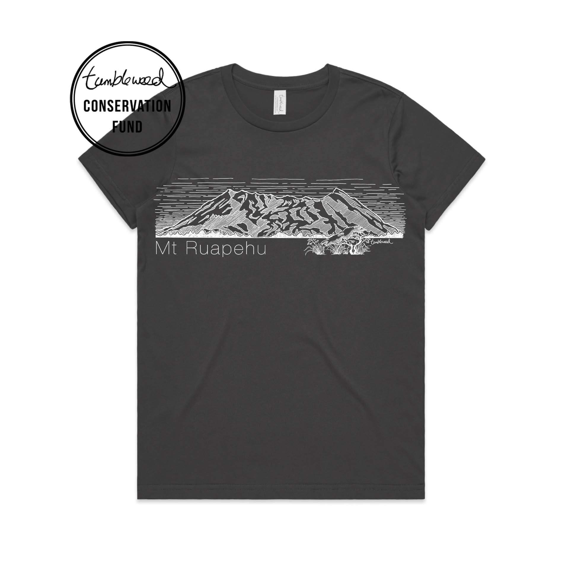 Charcoal, male t-shirt featuring a screen printed Mt Ruapehu design.
