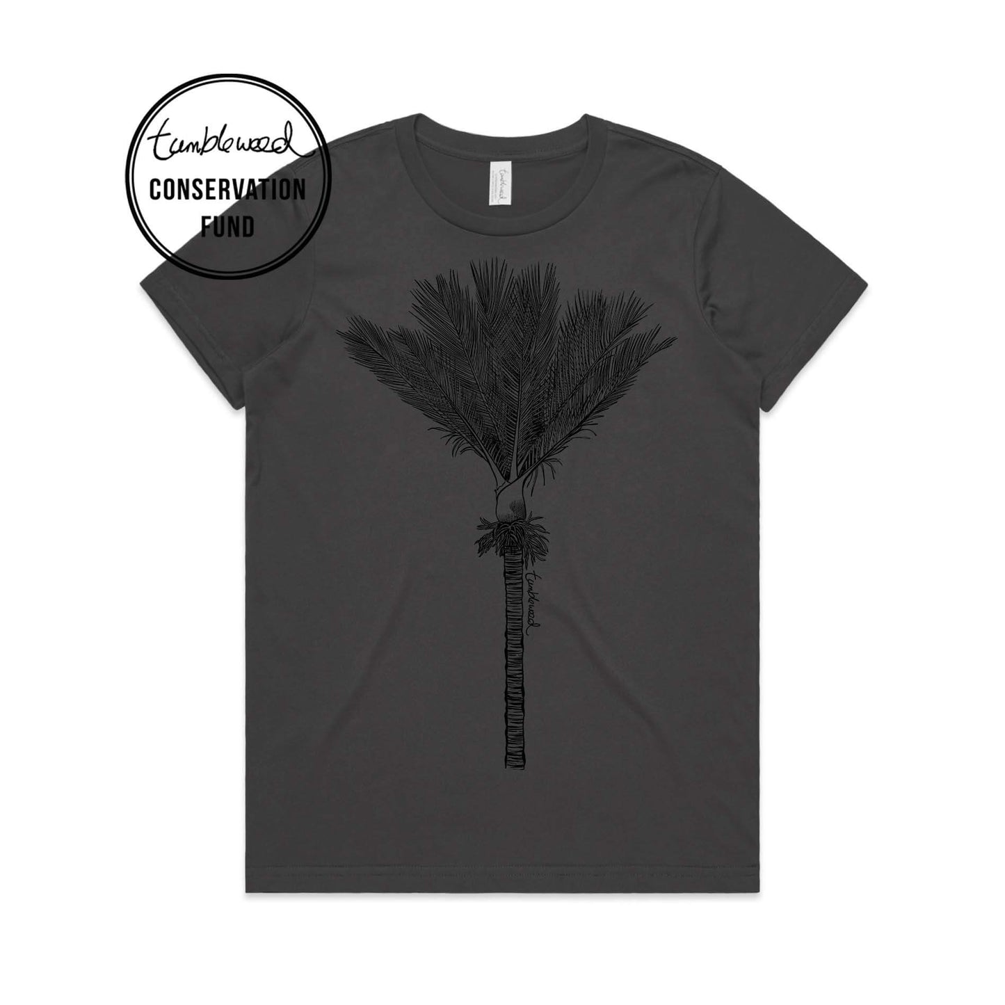 Charcoal, female t-shirt featuring a screen printed Nīkau design.