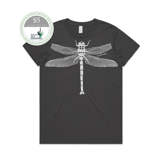 Charcoal, female t-shirt featuring a screen printed nz dragonfly design.