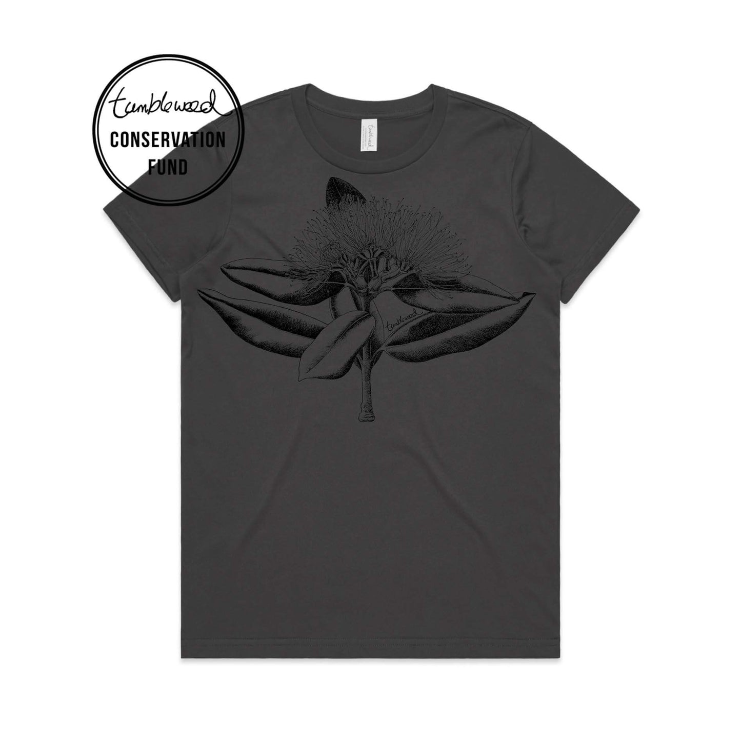 Charcoal, female t-shirt featuring a screen printed Pōhutukawa design.