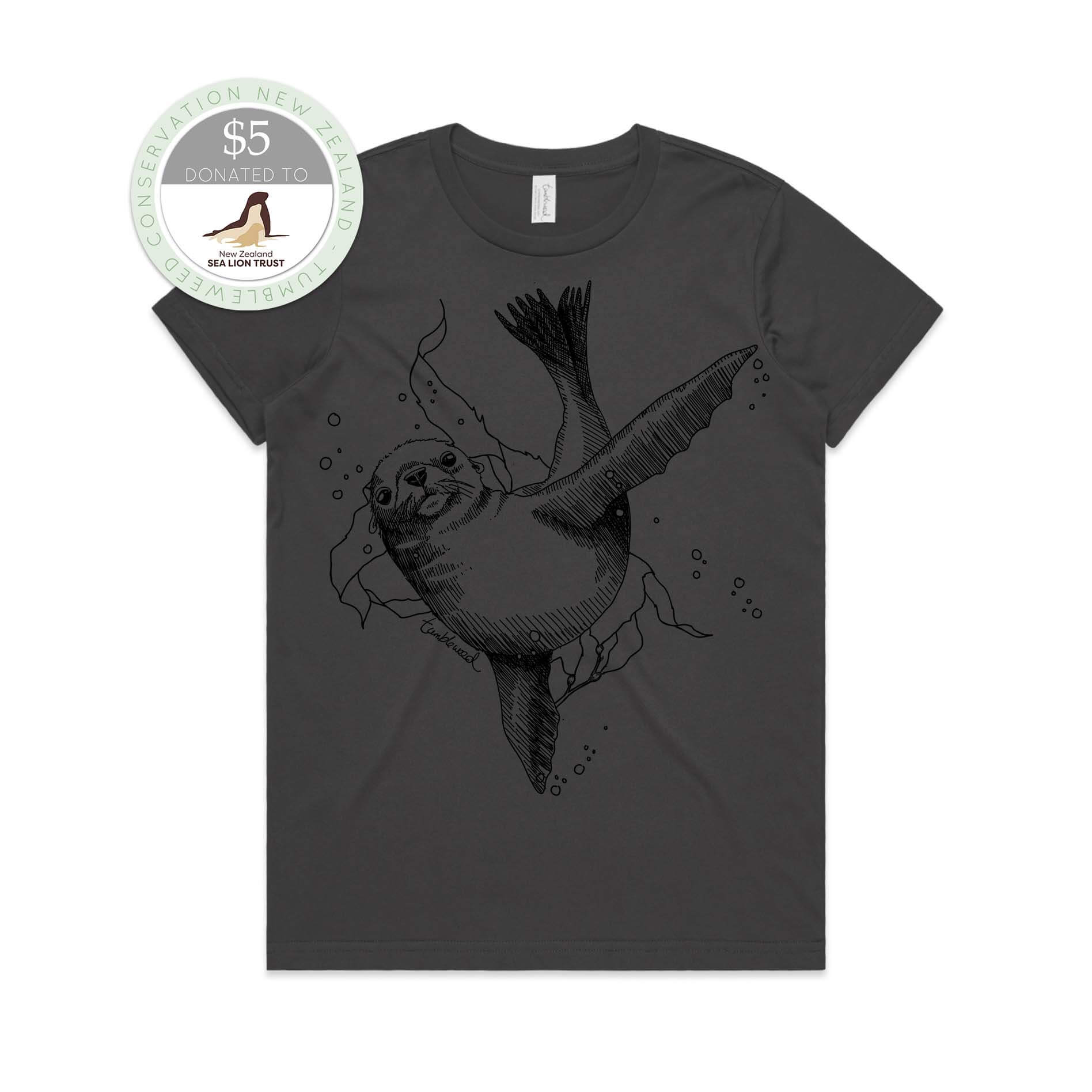 Sage, female t-shirt featuring a screen printed New Zealand sea lion design.