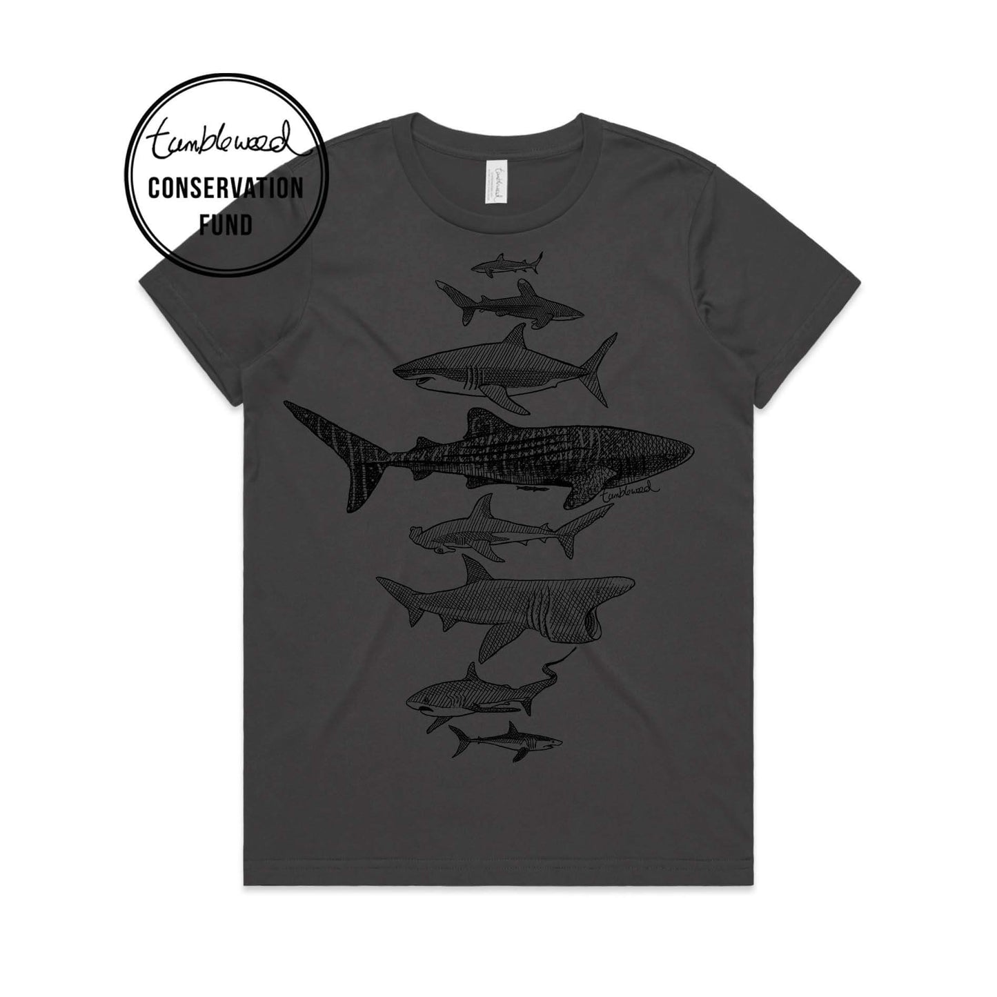 Charcoal, female t-shirt featuring a screen printed Sharks design.
