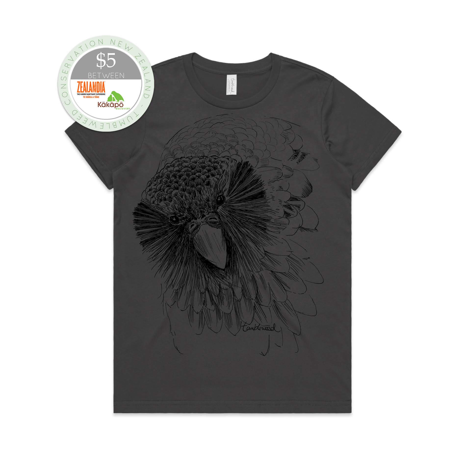 Charcoal, female t-shirt featuring a screen printed Sirocco the Kākāpō design.