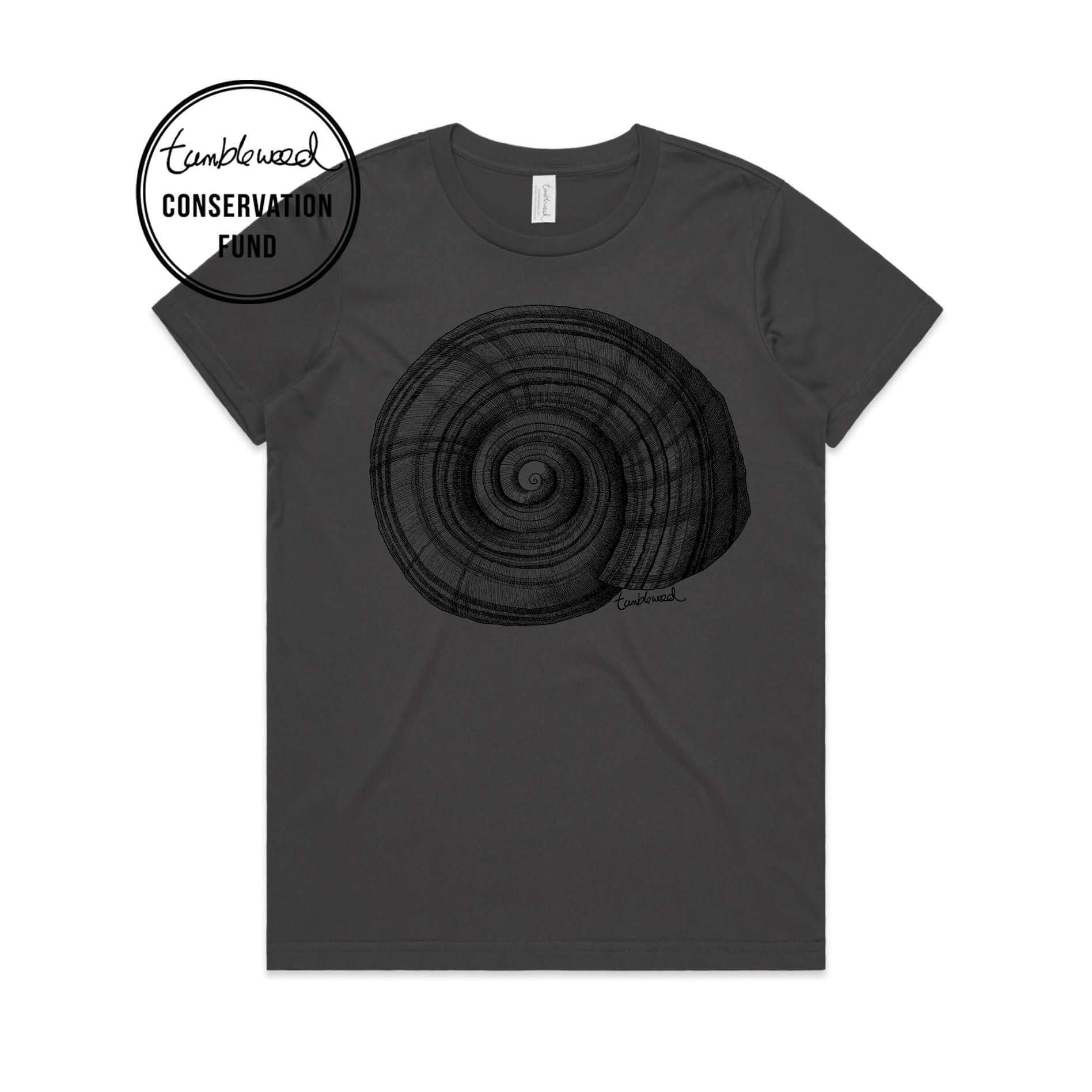 Charcoal, female t-shirt featuring a screen printed NZ Snail design.