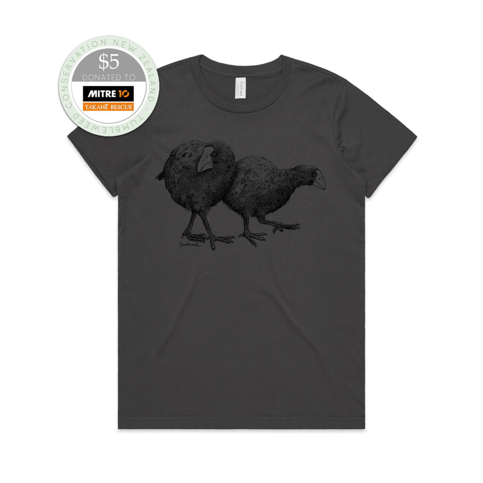 Charcoal, female t-shirt featuring a screen printed Takahē design.