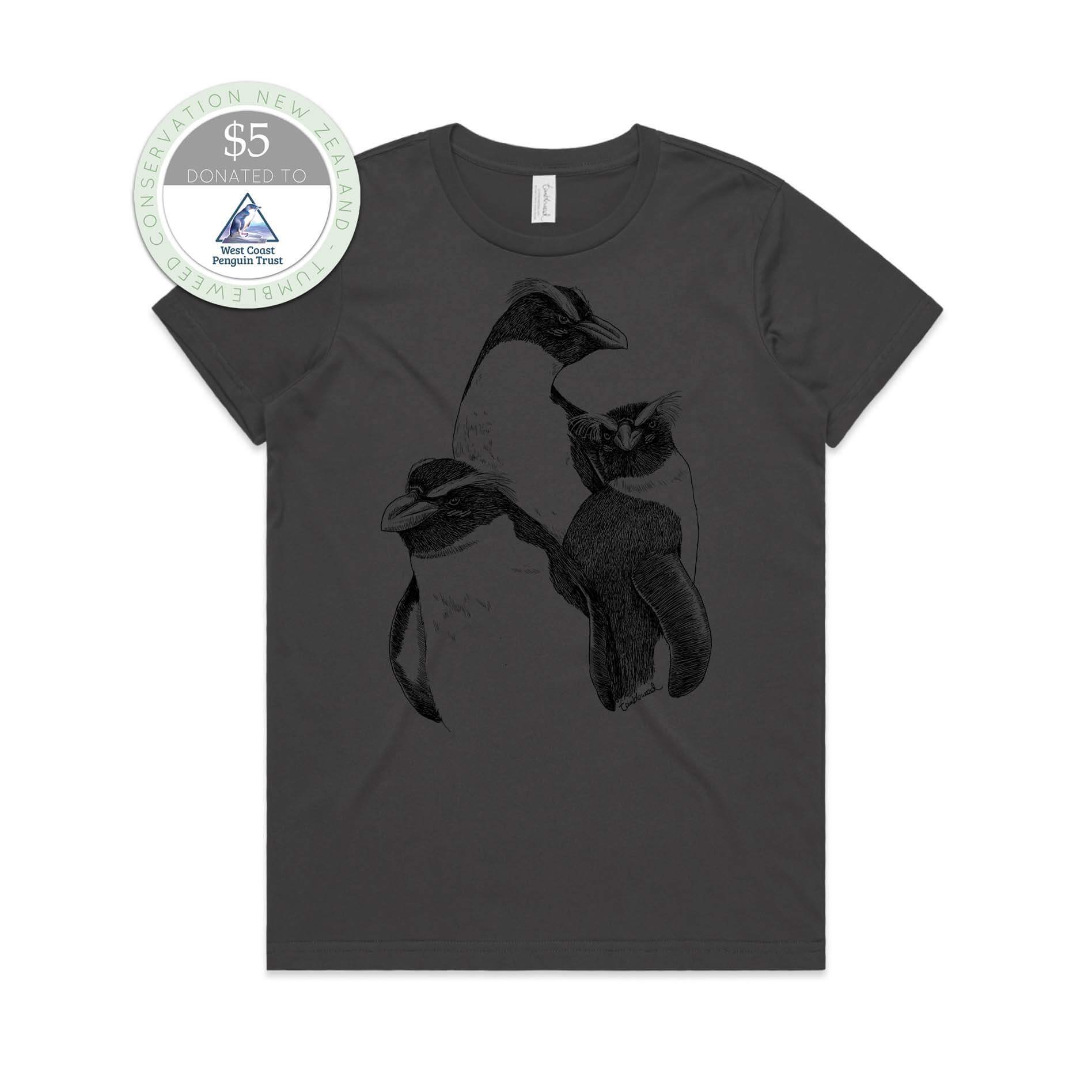 Charcoal, female t-shirt featuring a screen printed Fiordland Crested penguin/tawaki design.