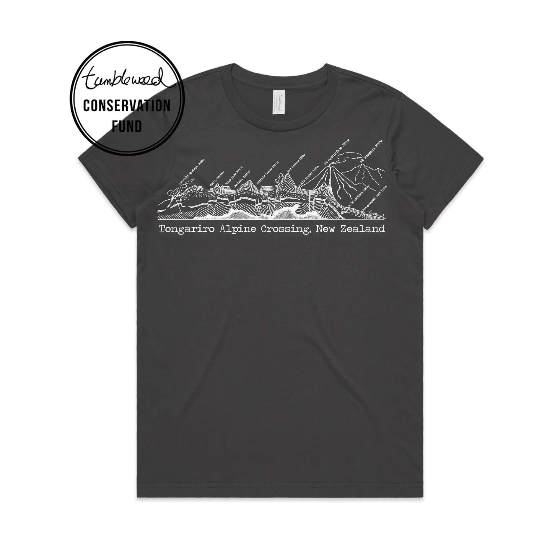 Charcoal, female t-shirt featuring a screen printed Tongariro Crossing design.