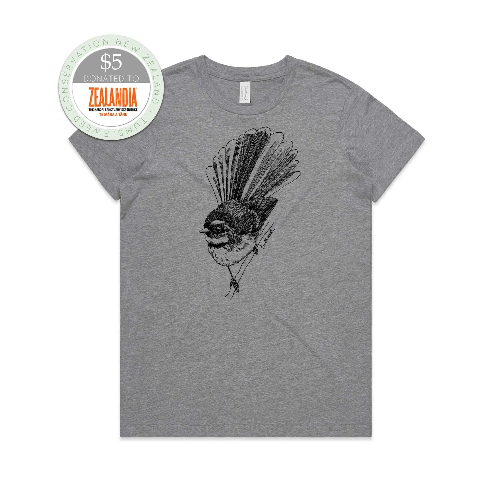 Grey marle, female t-shirt featuring a screen printed Fantail/Pīwakawaka design.