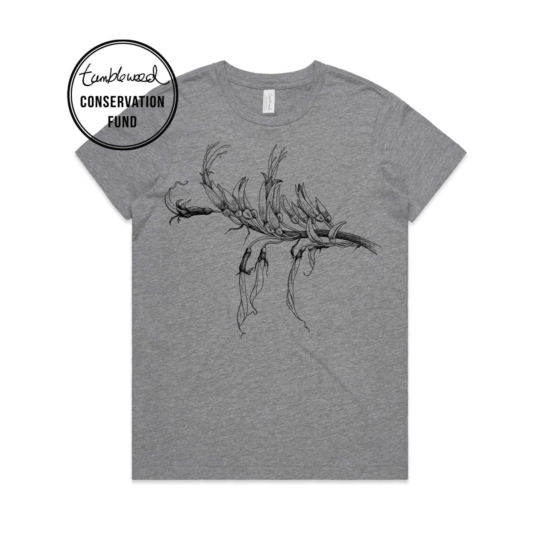 Grey marle, female t-shirt featuring a screen printed Mountain Flax design.