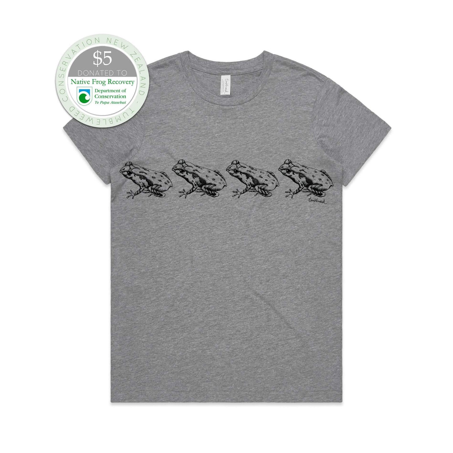 Grey marle, female t-shirt featuring a screen printed archey's frog design.