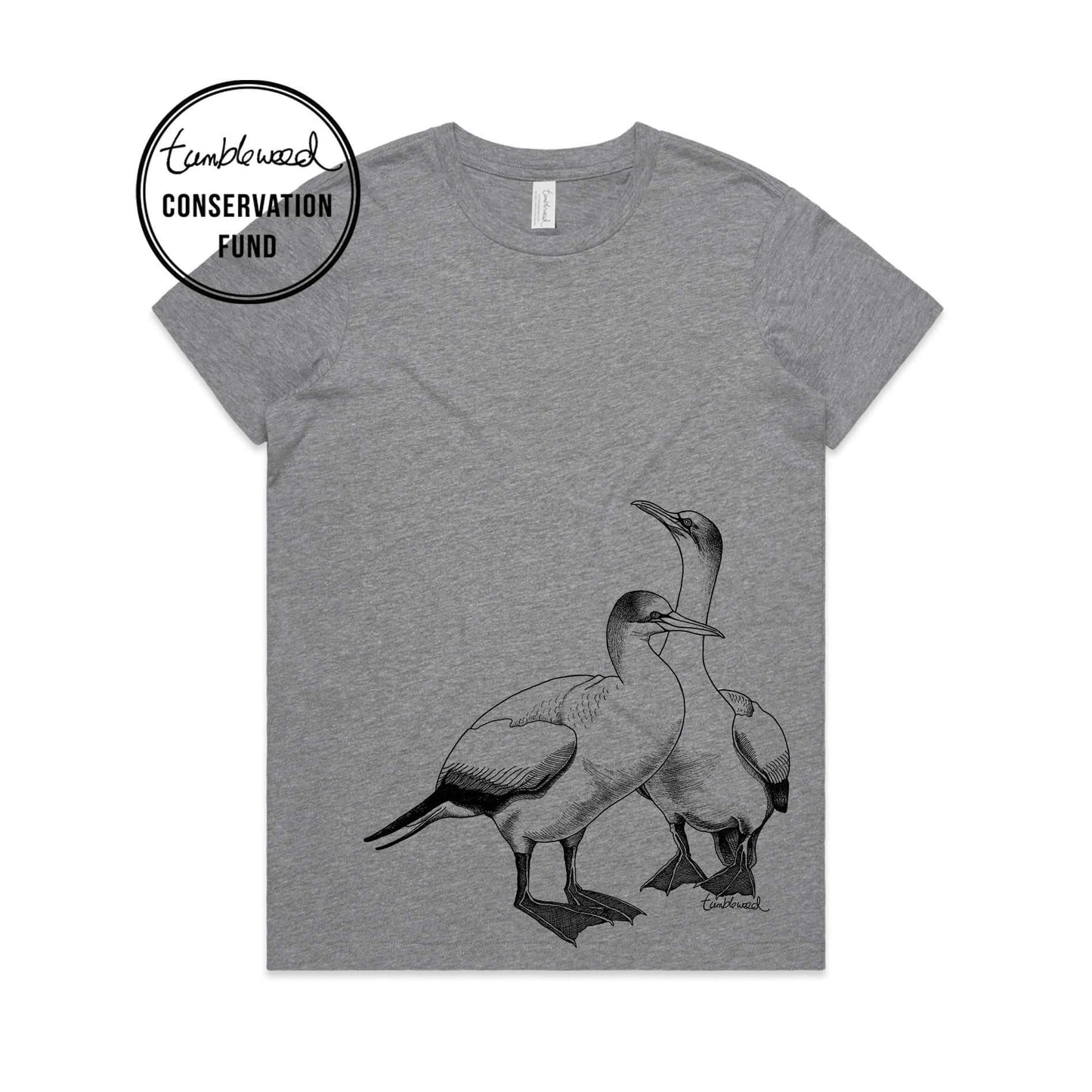 Grey marle, female t-shirt featuring a screen printed gannet design.