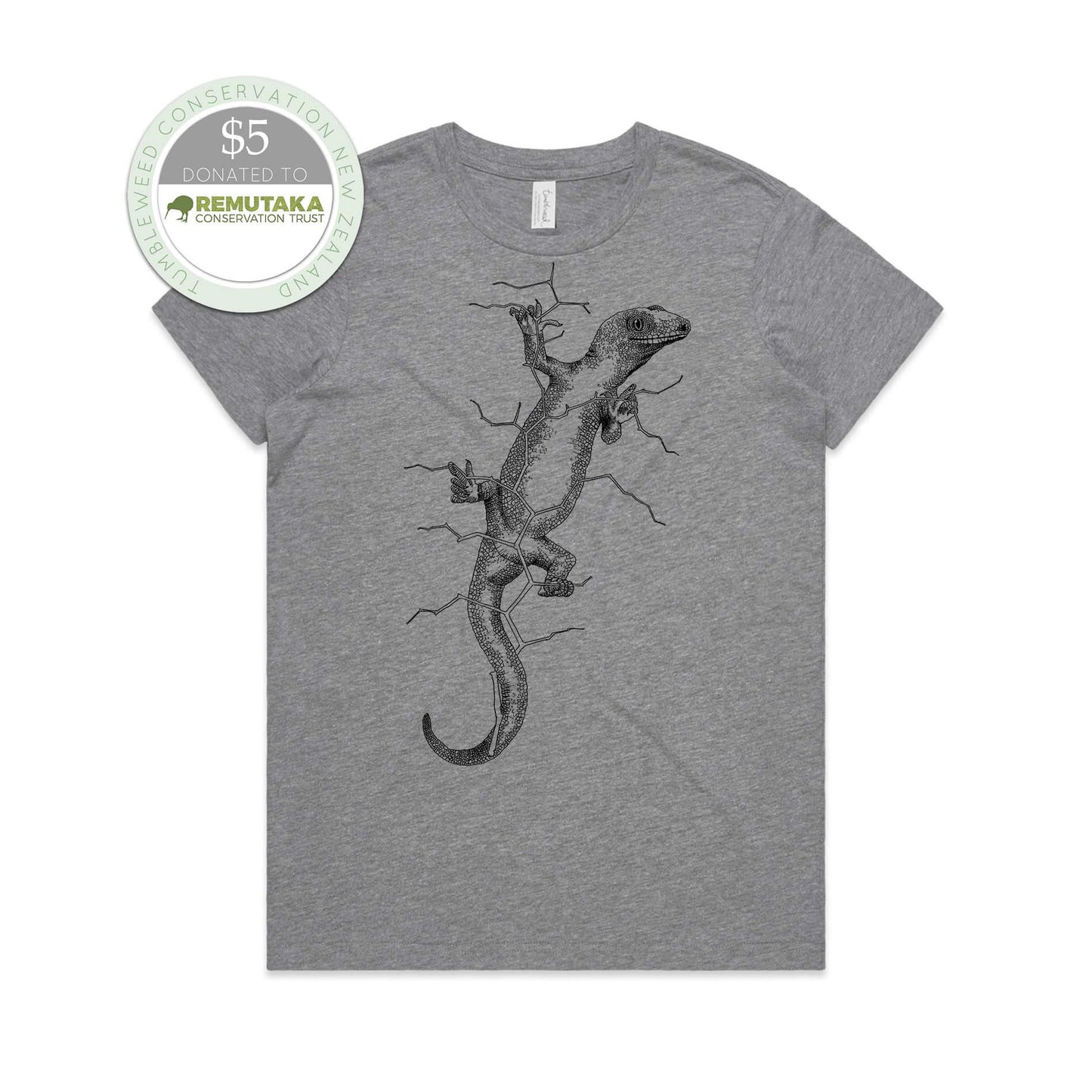 Grey marle, female t-shirt featuring a screen printed gecko design.