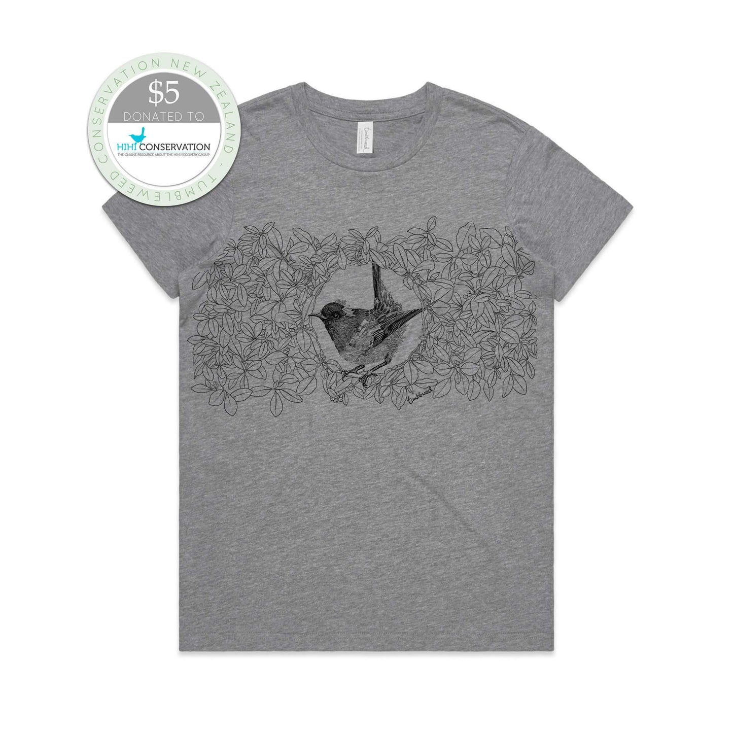 Grey marle, female t-shirt featuring a screen printed Hihi/Stitchbird design.