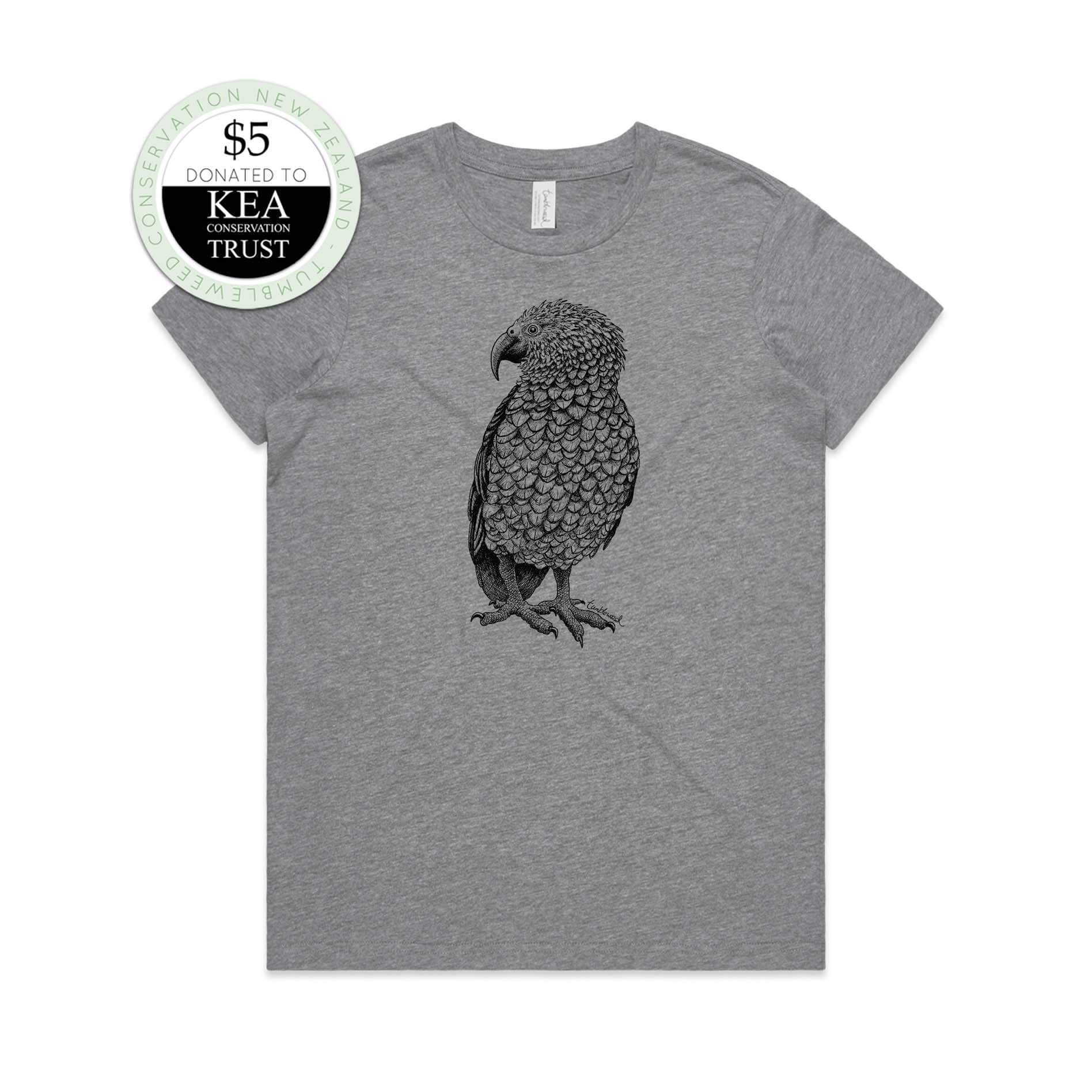 Grey marle, female t-shirt featuring a screen printed kea design.