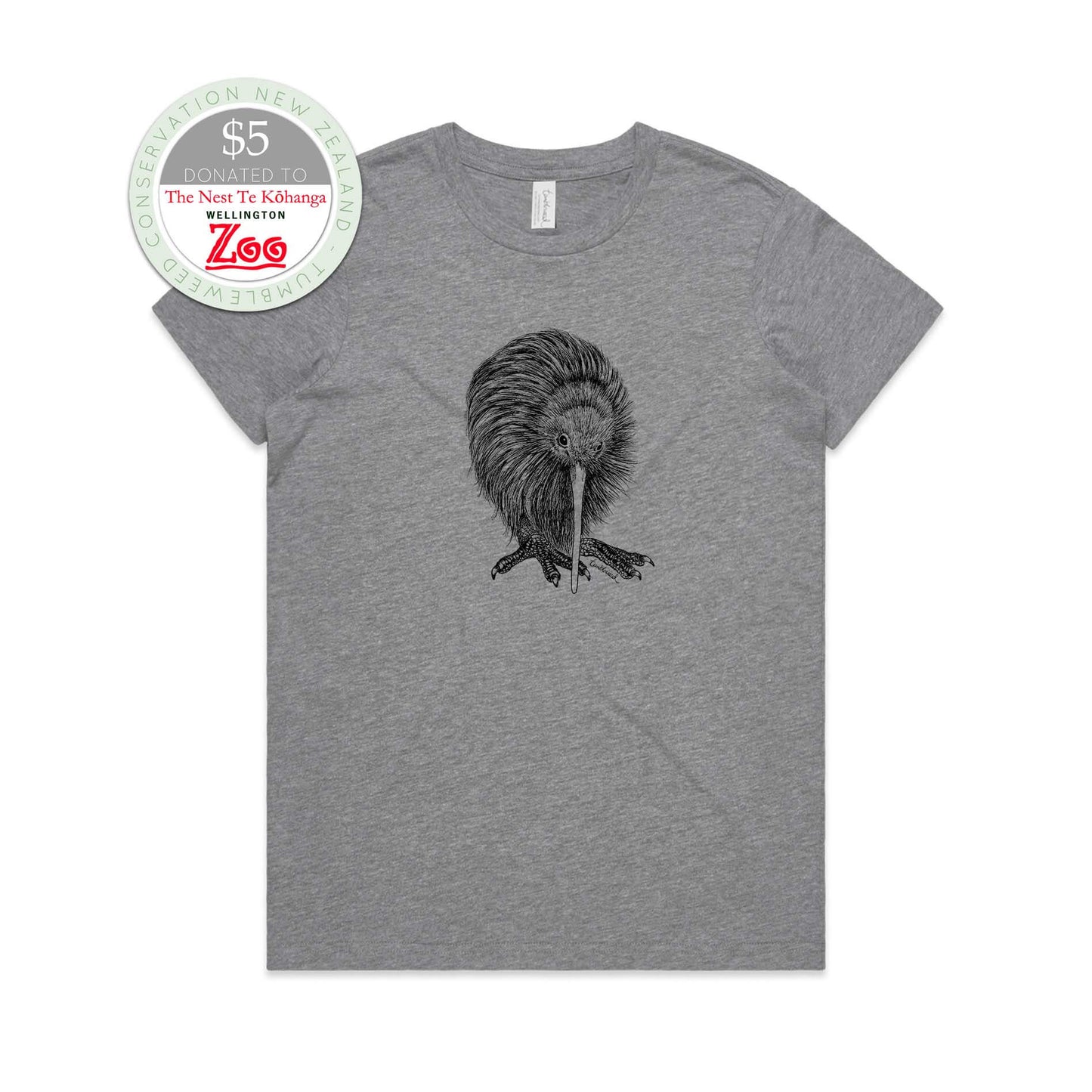 Grey marle, female t-shirt featuring a screen printed kiwi design.