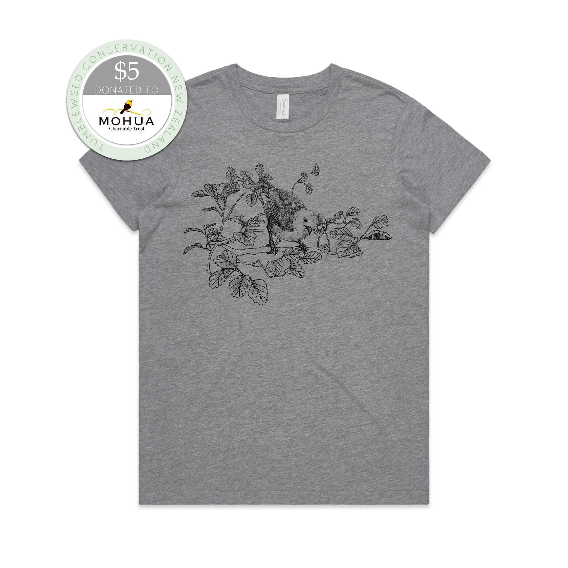 Grey marle, female t-shirt featuring a screen printed Mōhua/Yellowhead design.