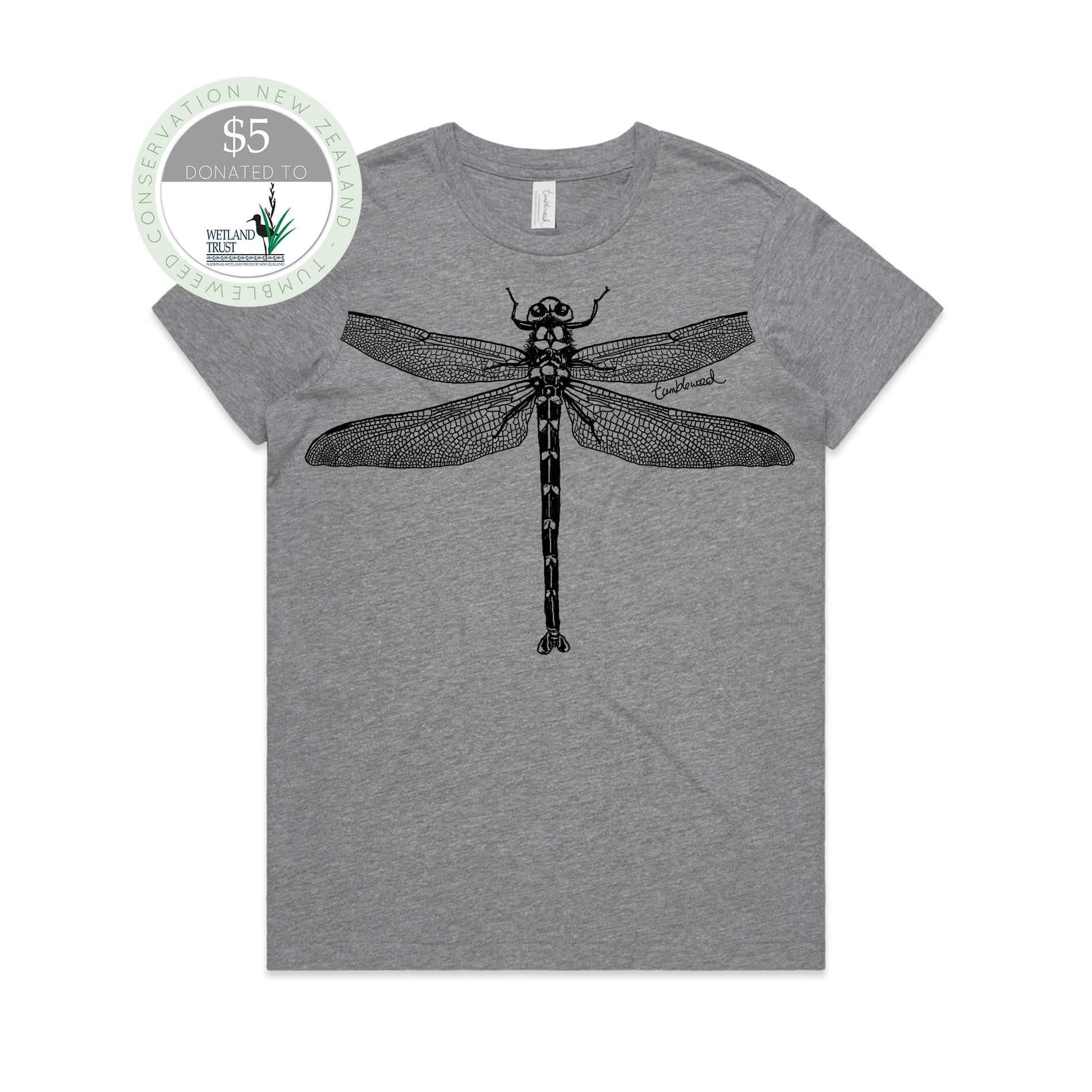 Grey marle, female t-shirt featuring a screen printed nz dragonfly design.