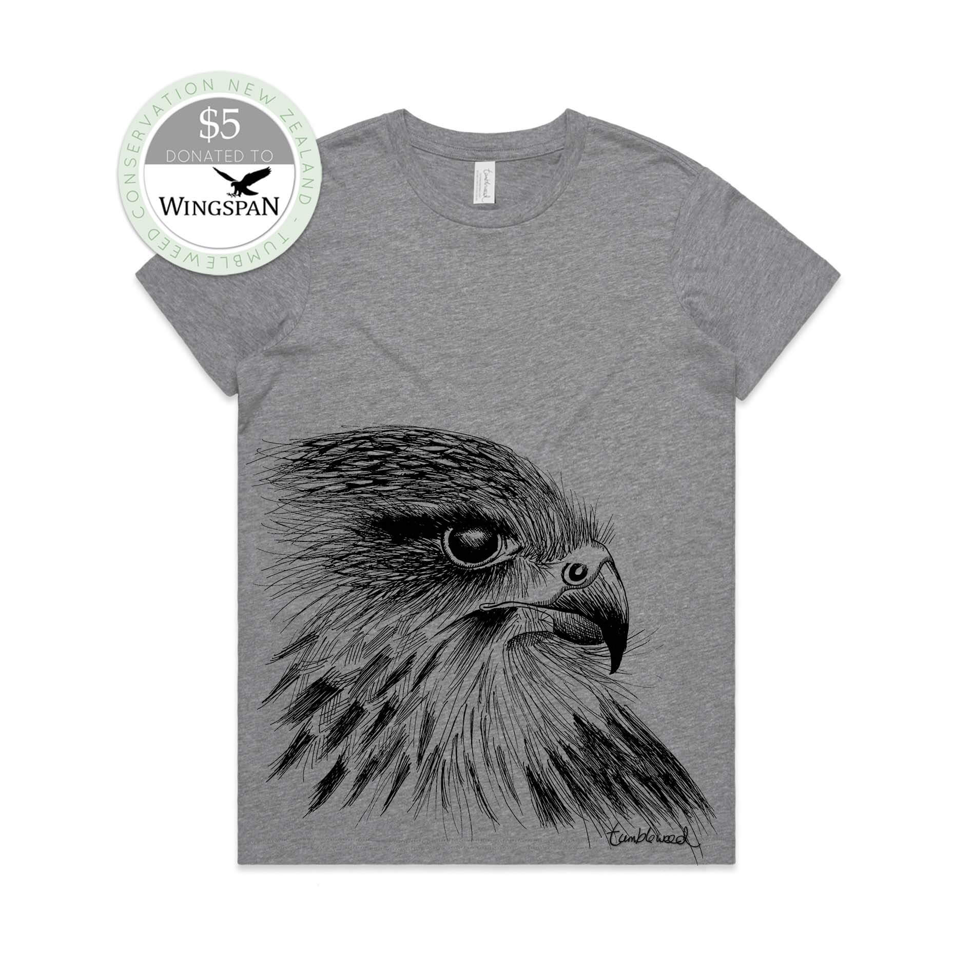 Grey marle, female t-shirt featuring a screen printed Kārearea/NZ Falcon design.