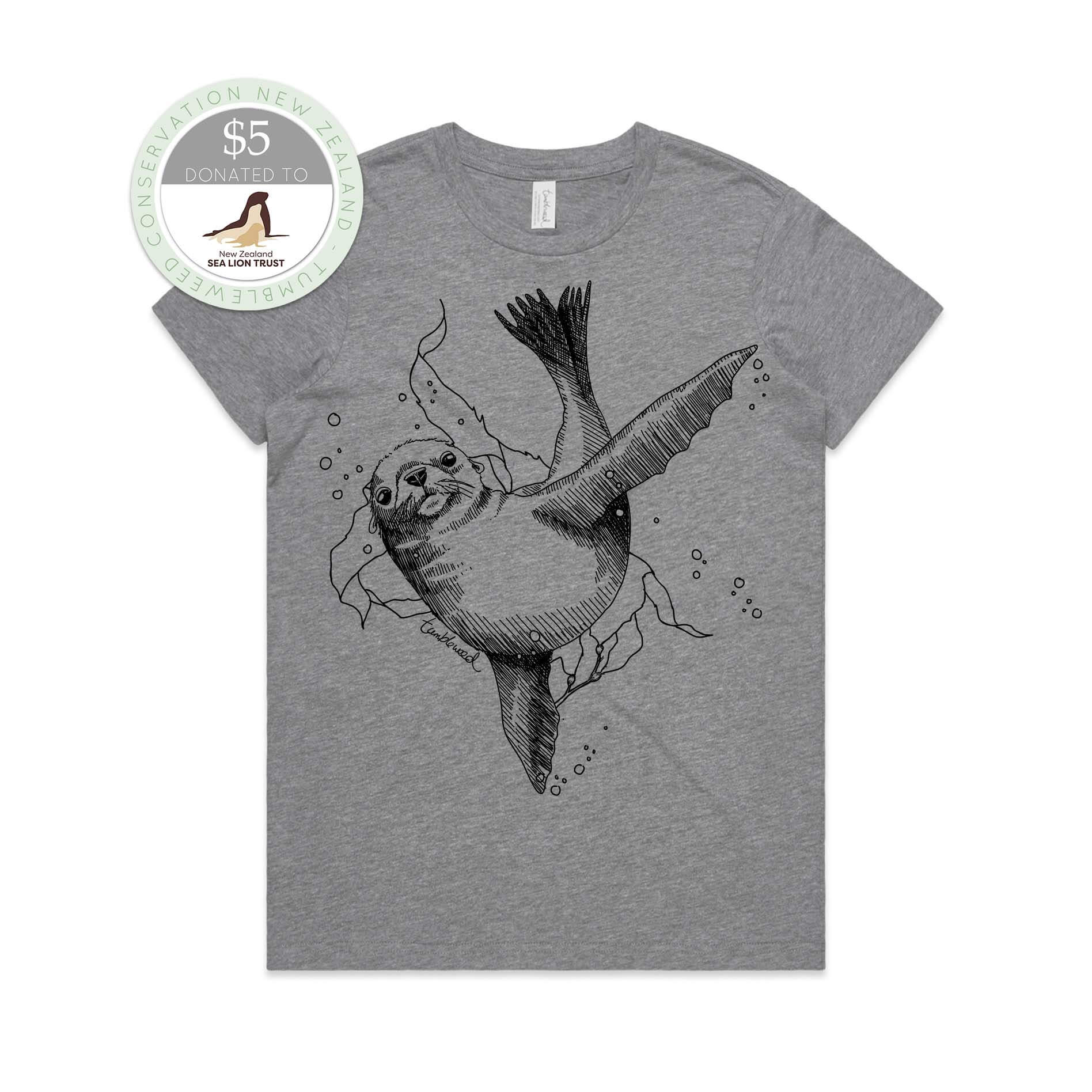 White, female t-shirt featuring a screen printed New Zealand sea lion design.