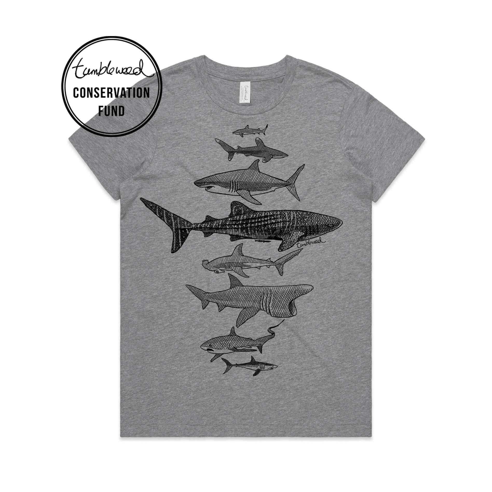 Grey marle, female t-shirt featuring a screen printed Sharks design.