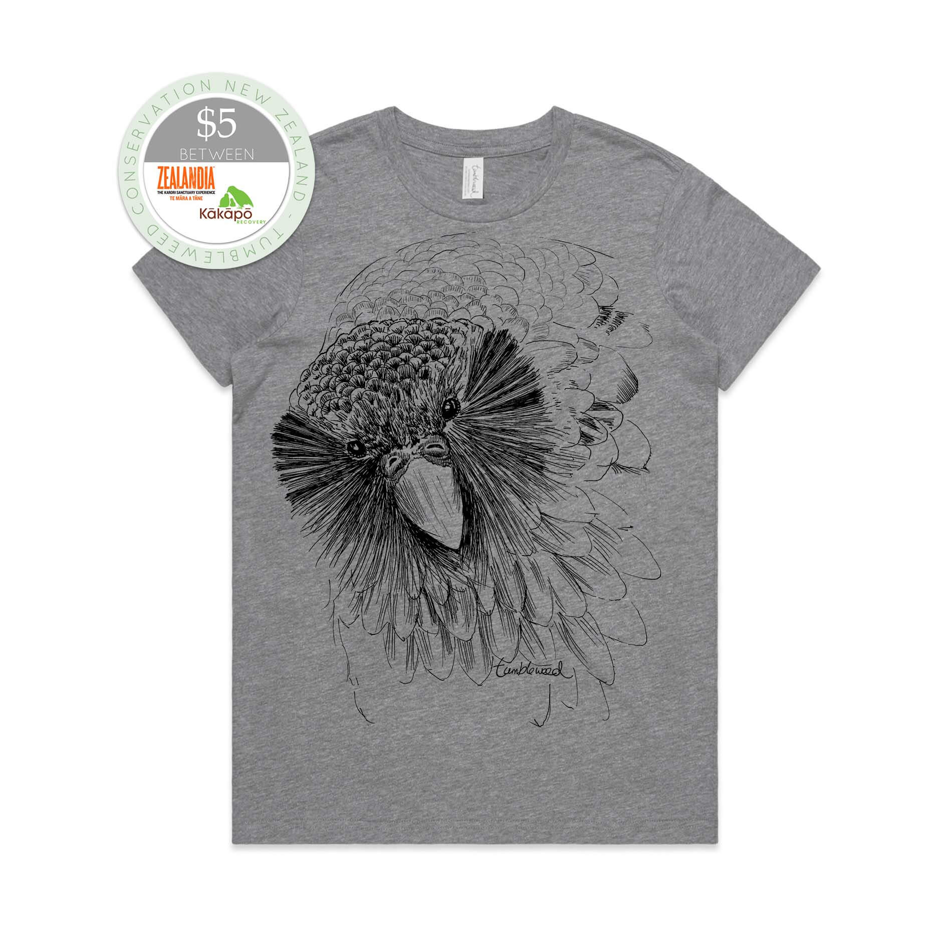 Grey marle, female t-shirt featuring a screen printed Sirocco the Kākāpō design.