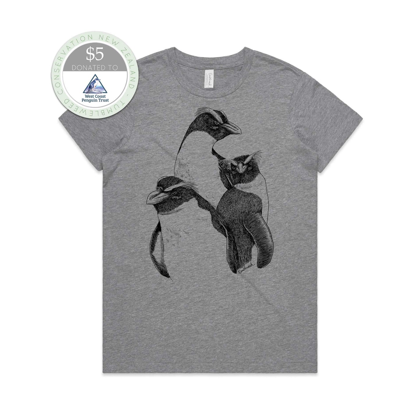 Grey marle, female t-shirt featuring a screen printed Fiordland Crested penguin/tawaki design.