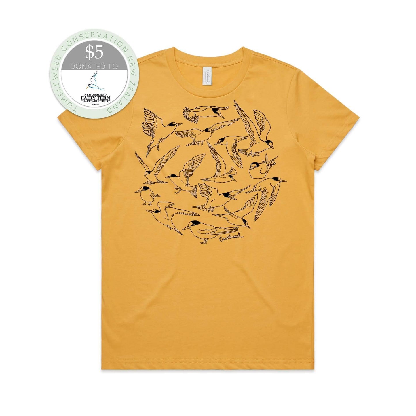 Mustard, female t-shirt featuring a screen printed black fairy tern/tara iti design.