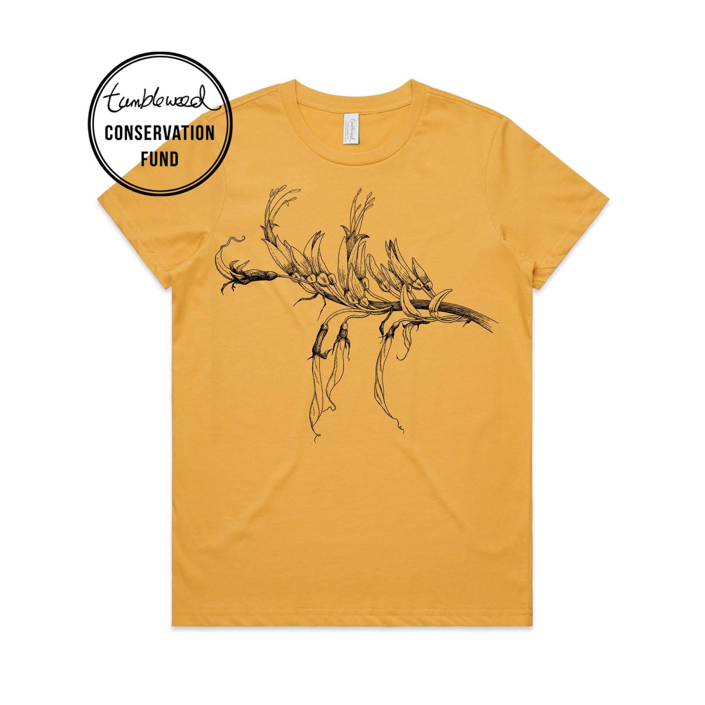 Mustard, female t-shirt featuring a screen printed Mountain Flax design.