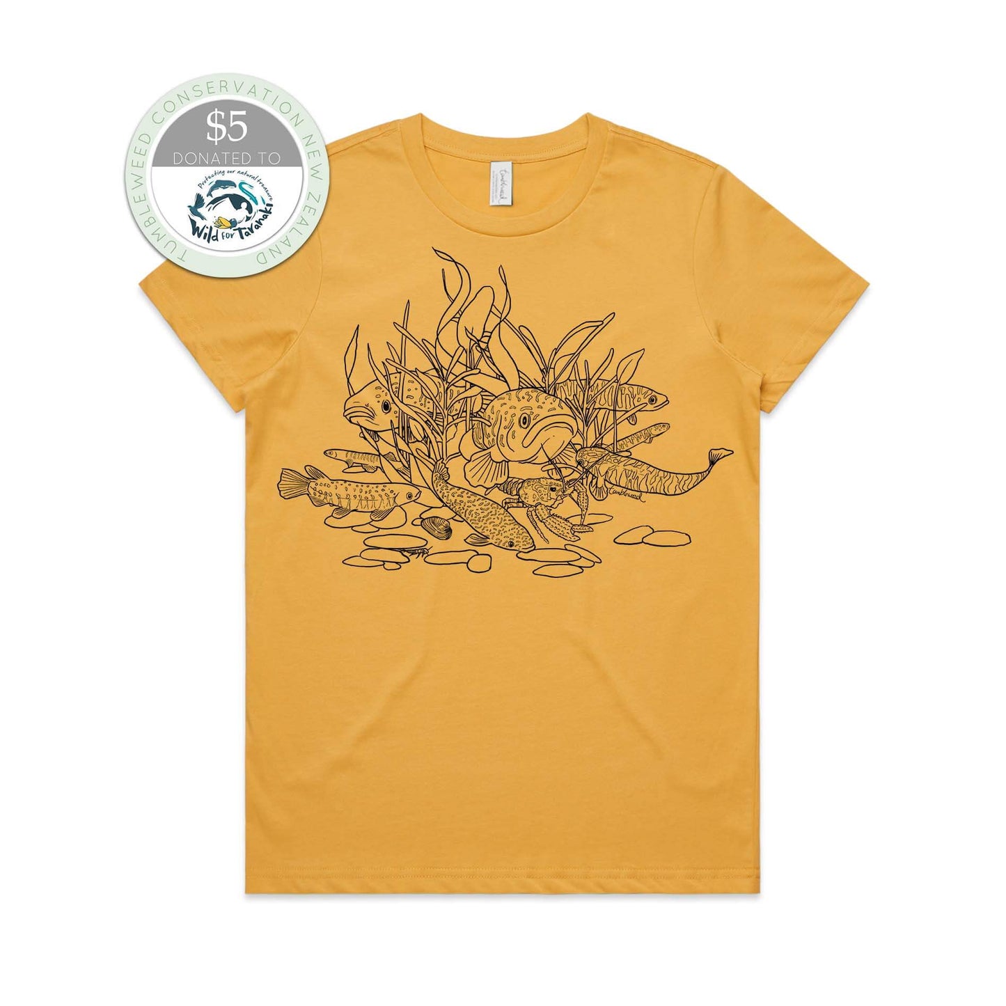 Mustard, female t-shirt featuring a screen printed black Freshwater fish design.