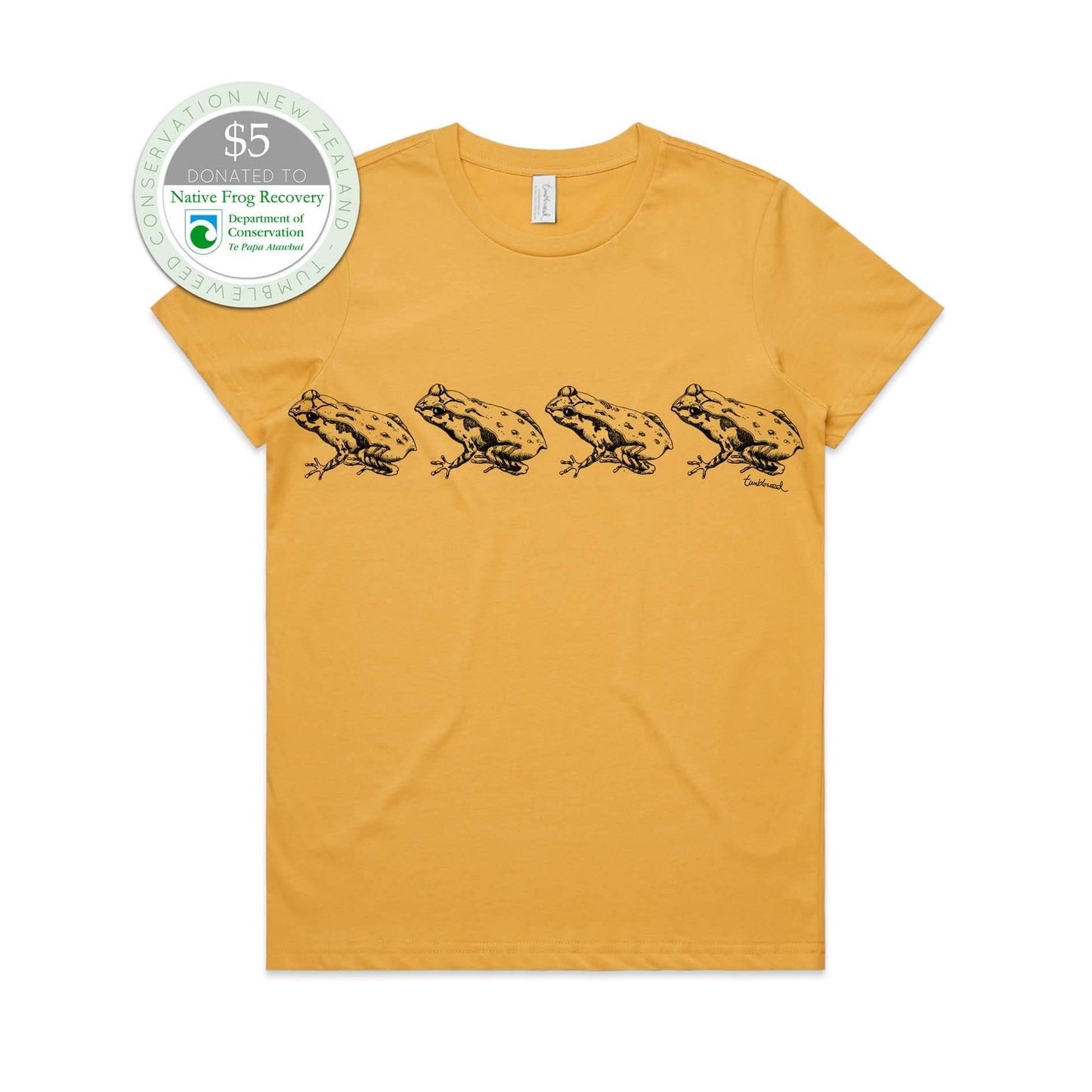 Mustard, female t-shirt featuring a screen printed archey's frog design.