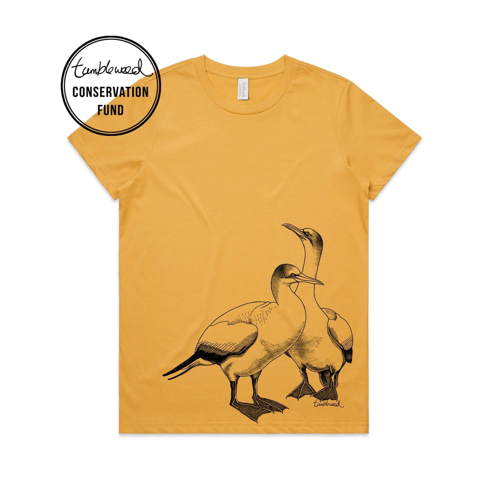 Mustard, female t-shirt featuring a screen printed black gannet design.