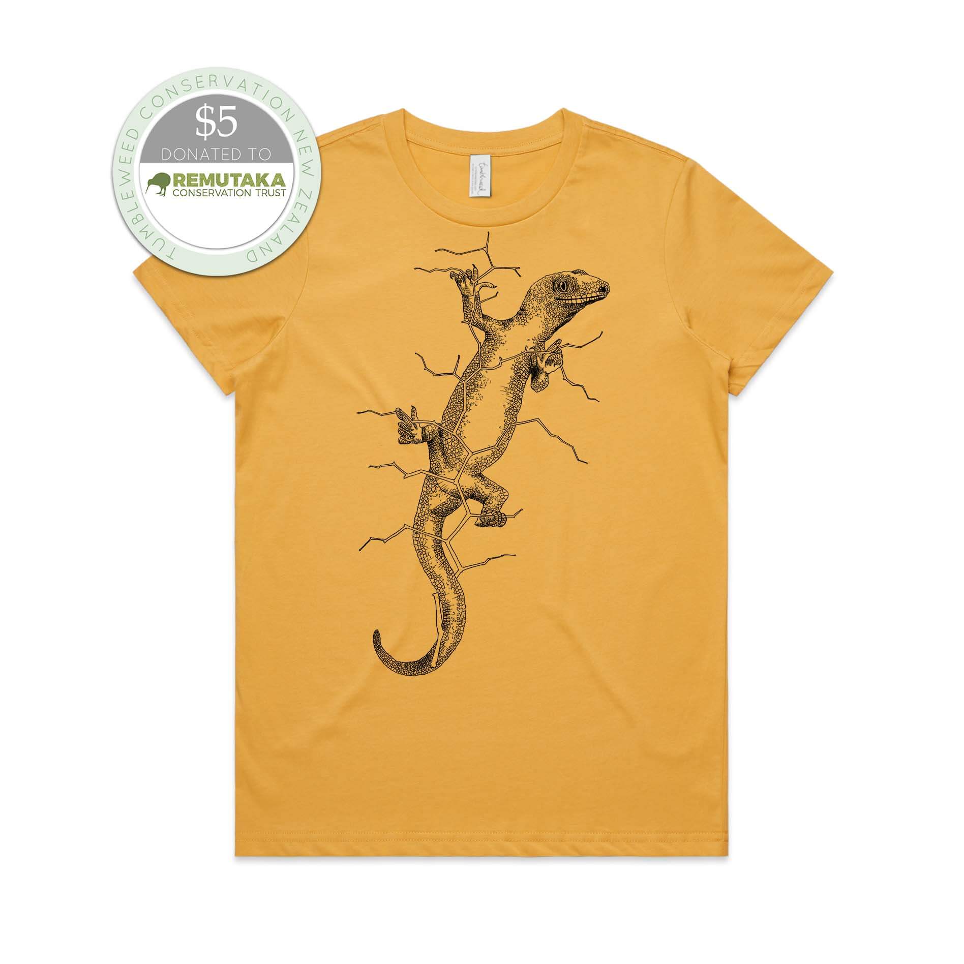 Mustard, female t-shirt featuring a screen printed black gecko design.